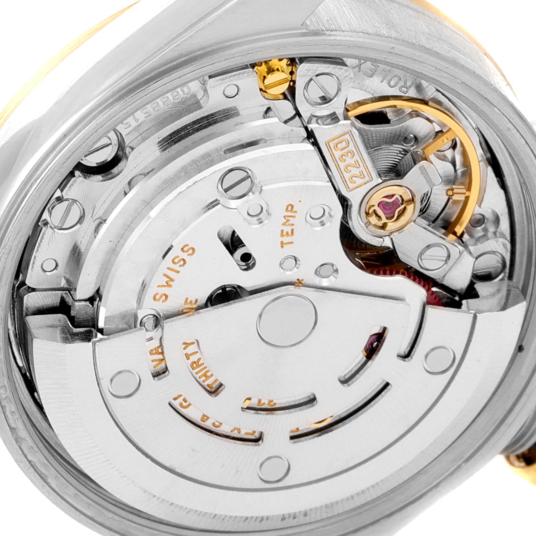 This image shows the movement and internal mechanism of the Rolex Oyster Perpetual 76183 Women's Steel and Gold (two tone) Grey Dial 76183 Women's Steel and Gold (two tone) Grey Dial watch, viewed from the back.