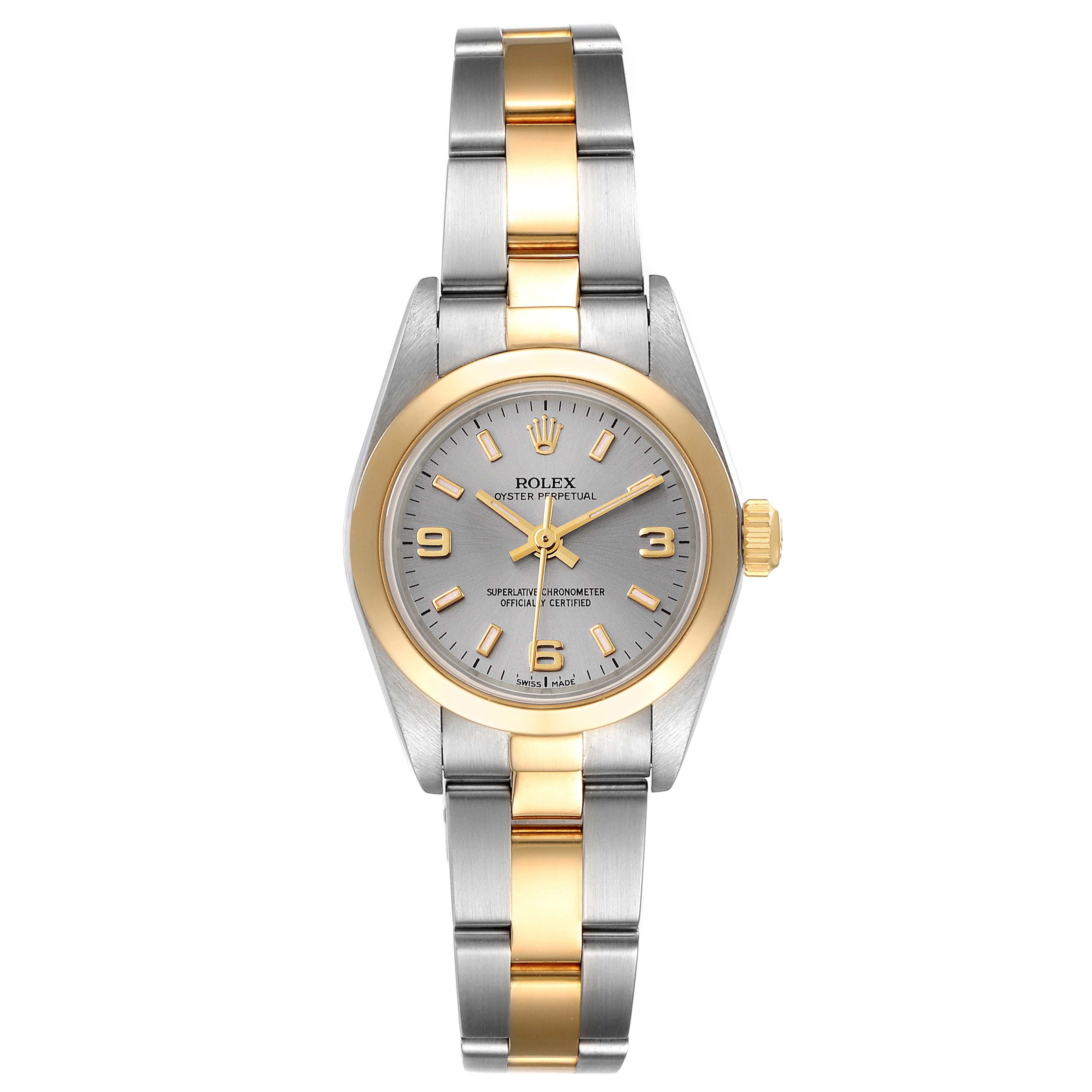 This image shows a Rolex Oyster Perpetual 76183 Women's Steel and Gold (two tone) Grey Dial 76183 Women's Steel and Gold (two tone) Grey Dial watch from a top-down angle, highlighting its gold and silver bracelet and bezel.