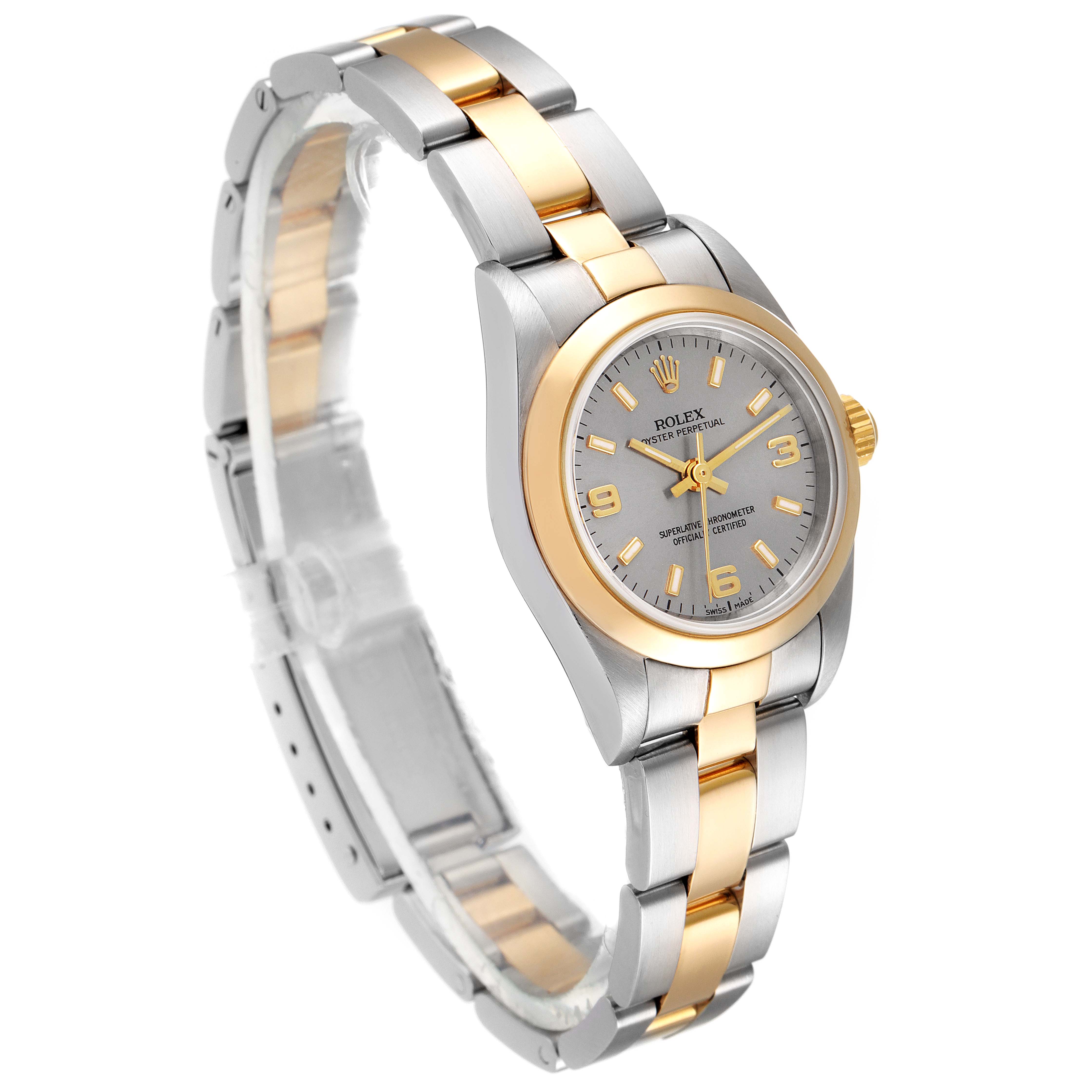 This image shows a front angle view of a Rolex Oyster Perpetual 76183 Women's Steel and Gold (two tone) Grey Dial 76183 Women's Steel and Gold (two tone) Grey Dial watch, highlighting the dial, bezel, and bracelet.