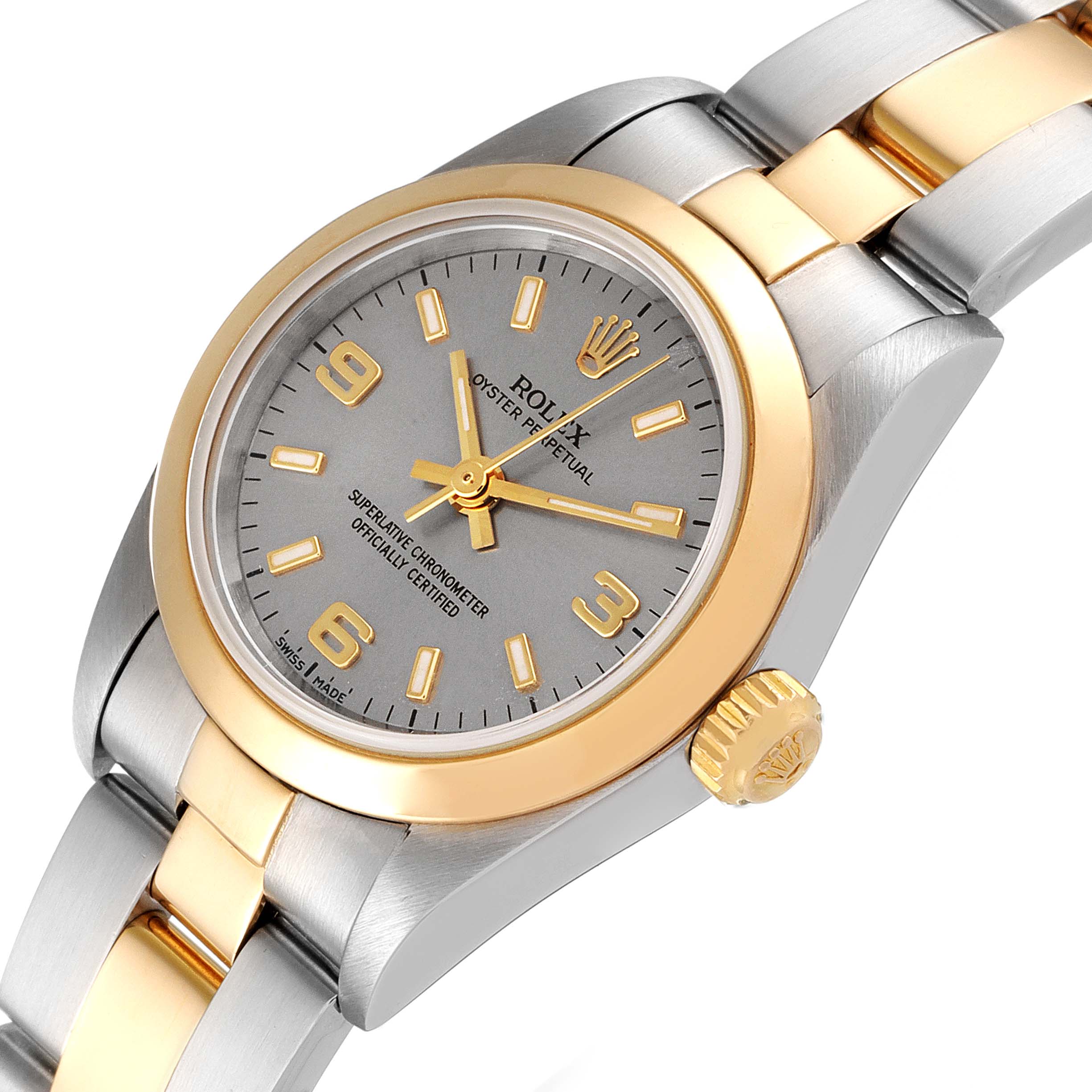 The image shows a close-up view of the Rolex Oyster Perpetual 76183 Women's Steel and Gold (two tone) Grey Dial 76183 Women's Steel and Gold (two tone) Grey Dial watch face, crown, and part of the bracelet.