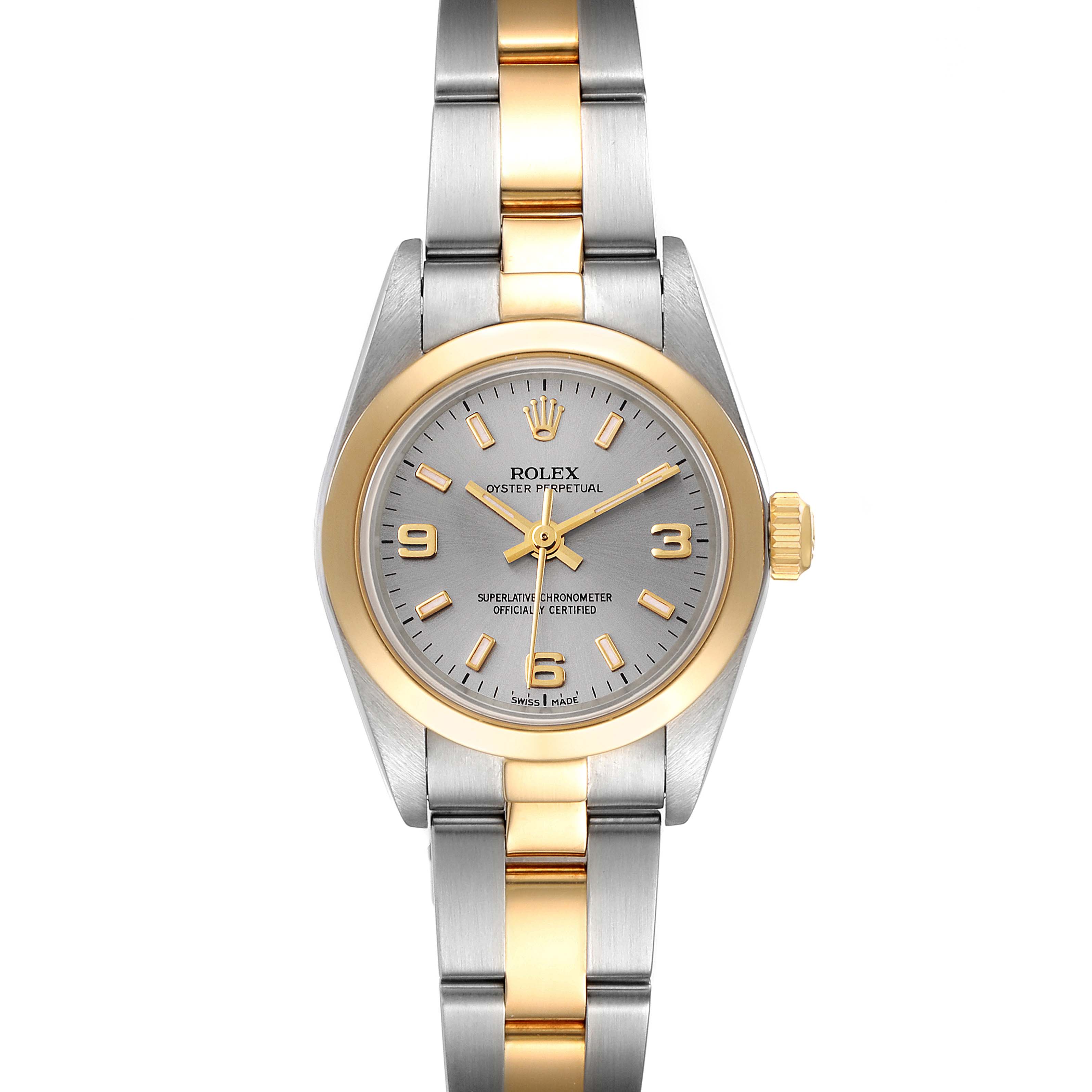 This image shows a front view of a Rolex Oyster Perpetual 76183 Women's Steel and Gold (two tone) Grey Dial 76183 Women's Steel and Gold (two tone) Grey Dial watch, highlighting its dial, case, and bracelet.