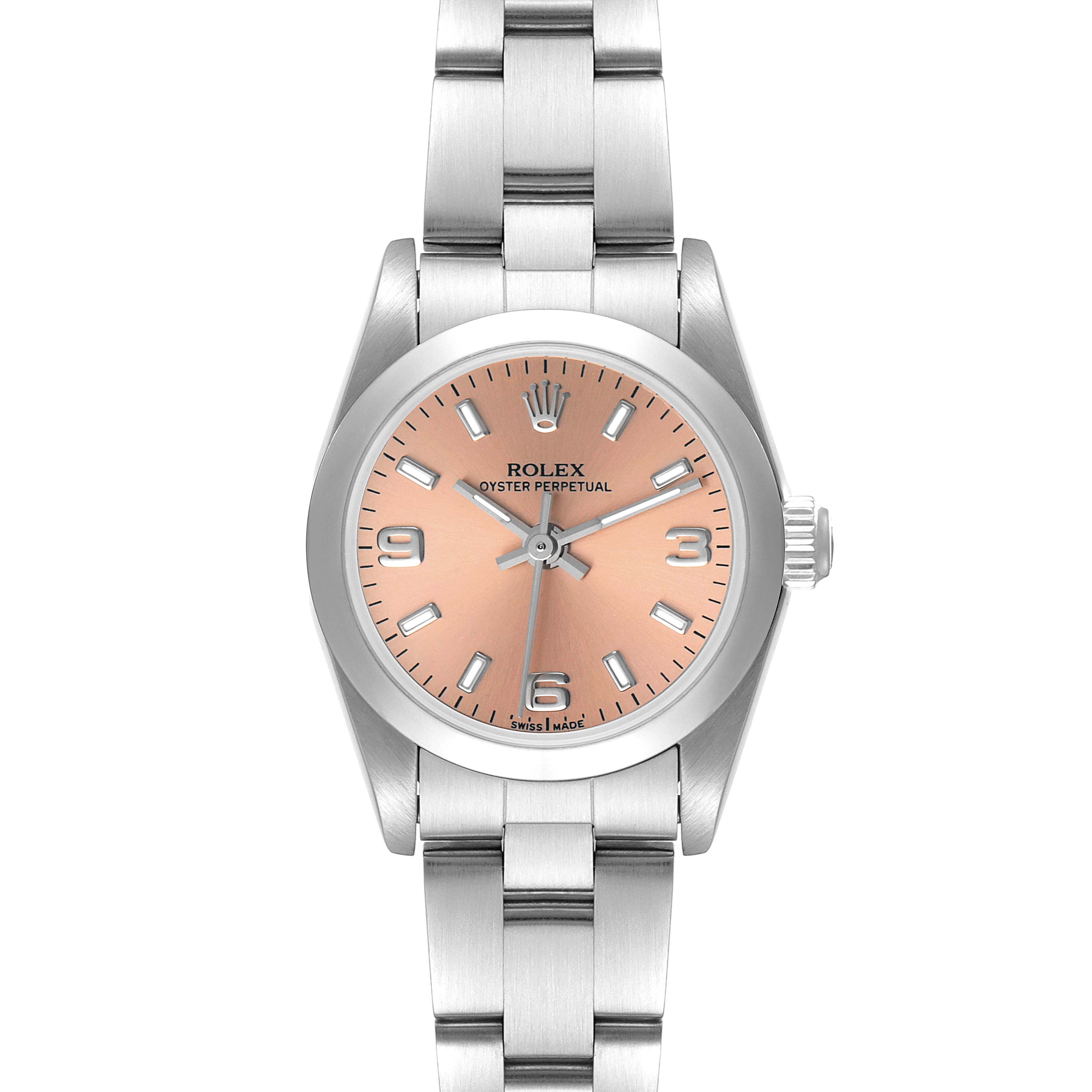 The image shows a Rolex Oyster Perpetual 76080 Women
s Stainless Steel Pink Dial 76080 Women
s Stainless Steel Pink Dial watch, viewed from the front, featuring a pink dial and a stainless steel bracelet.