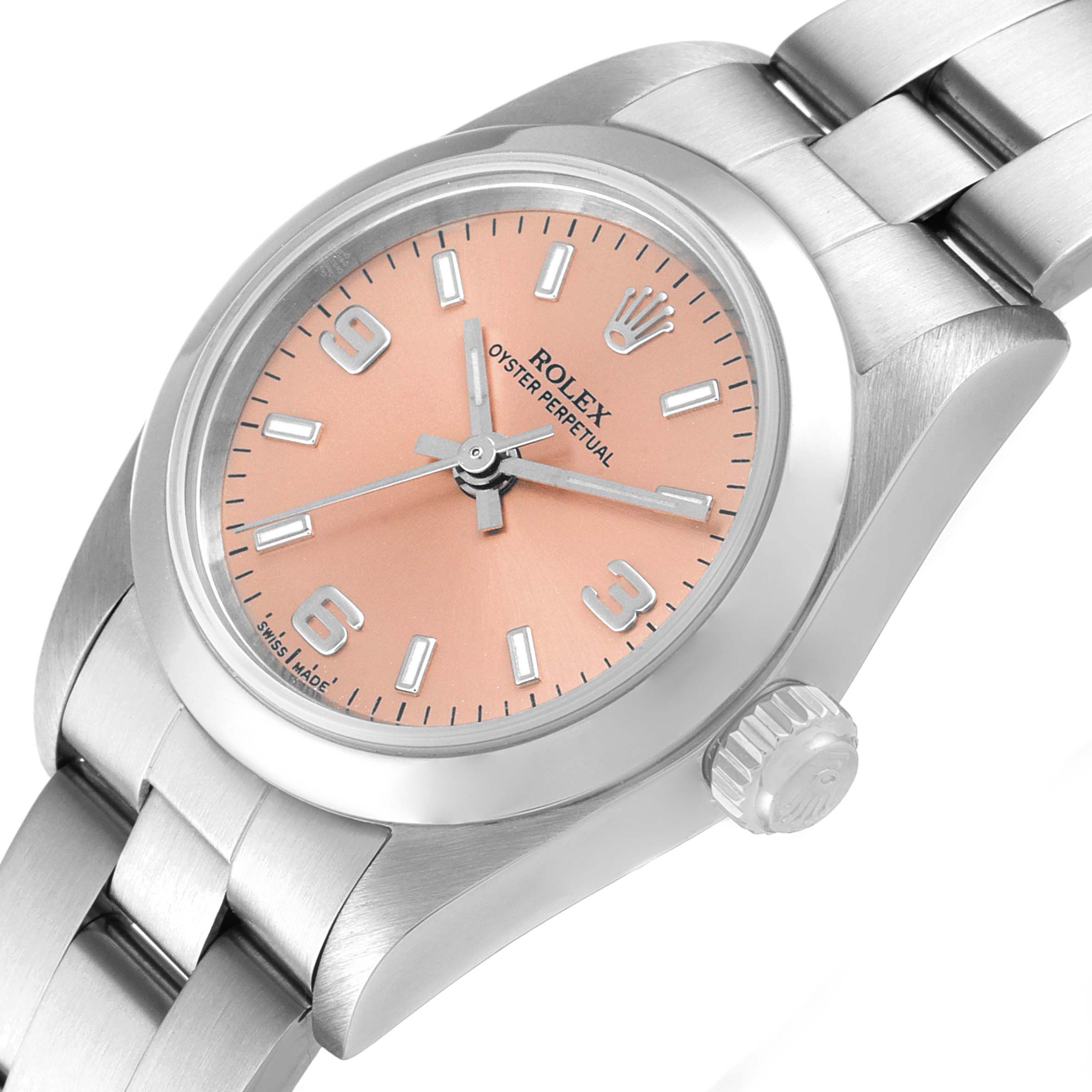 This image shows a close-up, angled view of the Rolex Oyster Perpetual 76080 Women
s Stainless Steel Pink Dial 76080 Women
s Stainless Steel Pink Dial watch face, bezel, crown, and part of the bracelet.