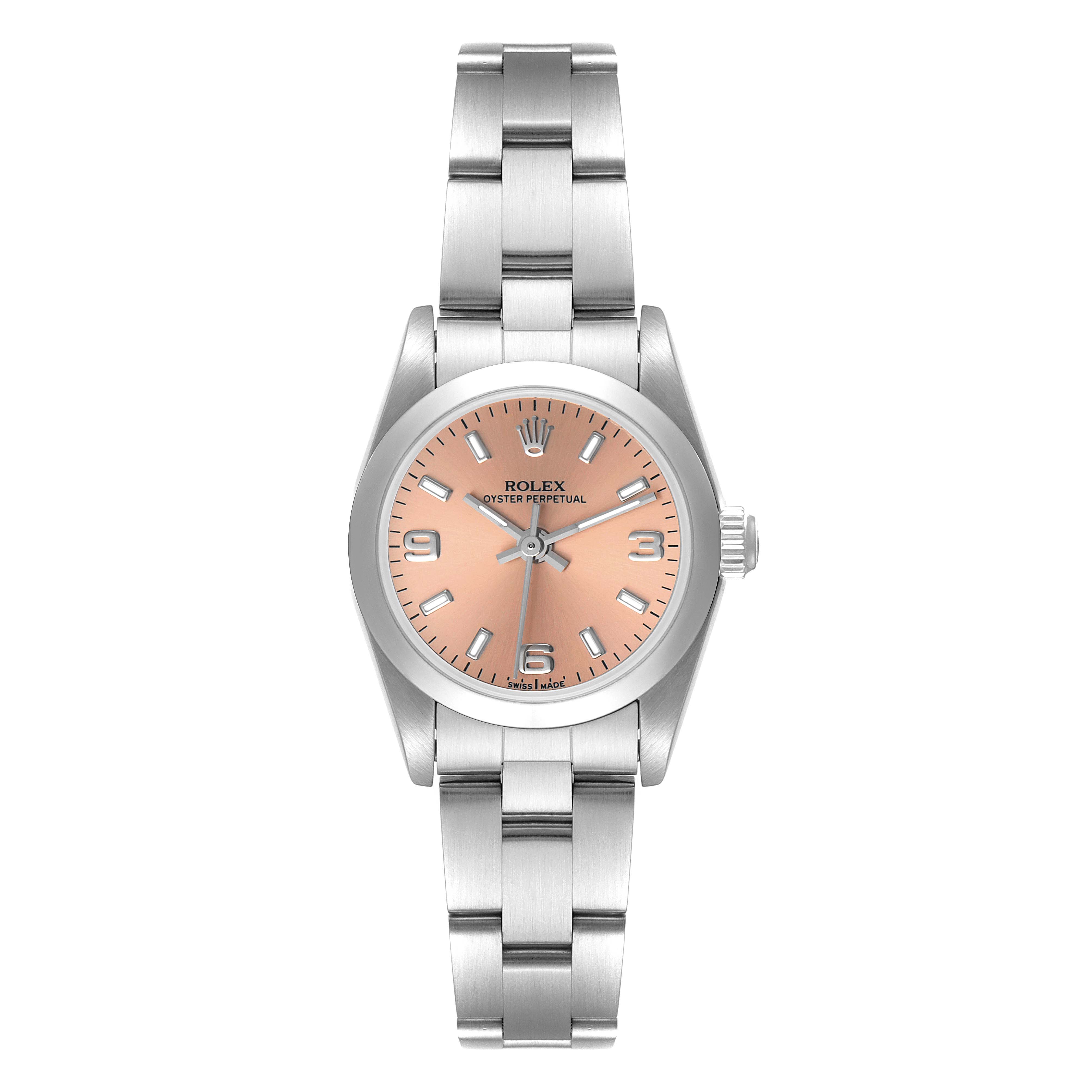 This image shows a front view of the Rolex Oyster Perpetual 76080 Women
s Stainless Steel Pink Dial 76080 Women
s Stainless Steel Pink Dial watch showcasing the face, bracelet, and crown.
