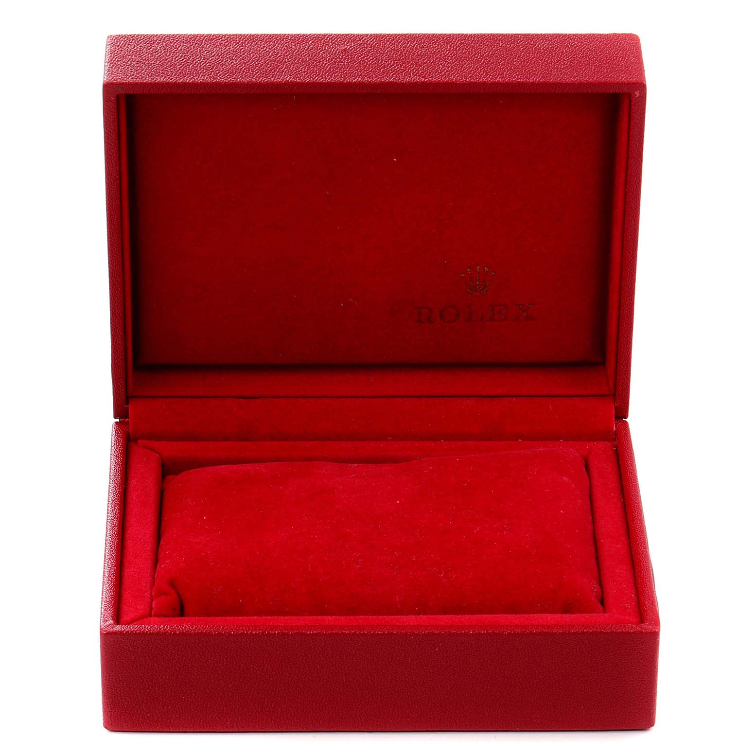 The image shows a red Rolex watch box for the Oyster Perpetual model, viewed from the front with the lid open.