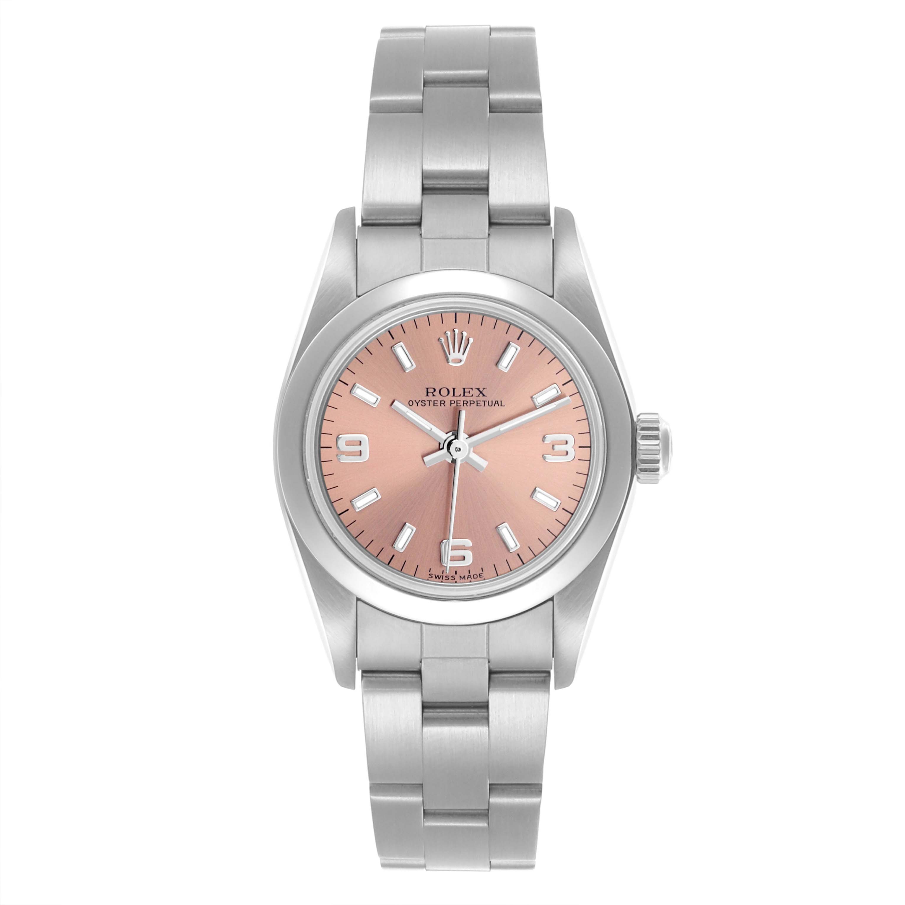 The Rolex Oyster Perpetual 76080 Women's Stainless Steel Pink Dial 76080 Women's Stainless Steel Pink Dial watch is shown at a straight-on angle, displaying the face, bracelet, and crown.