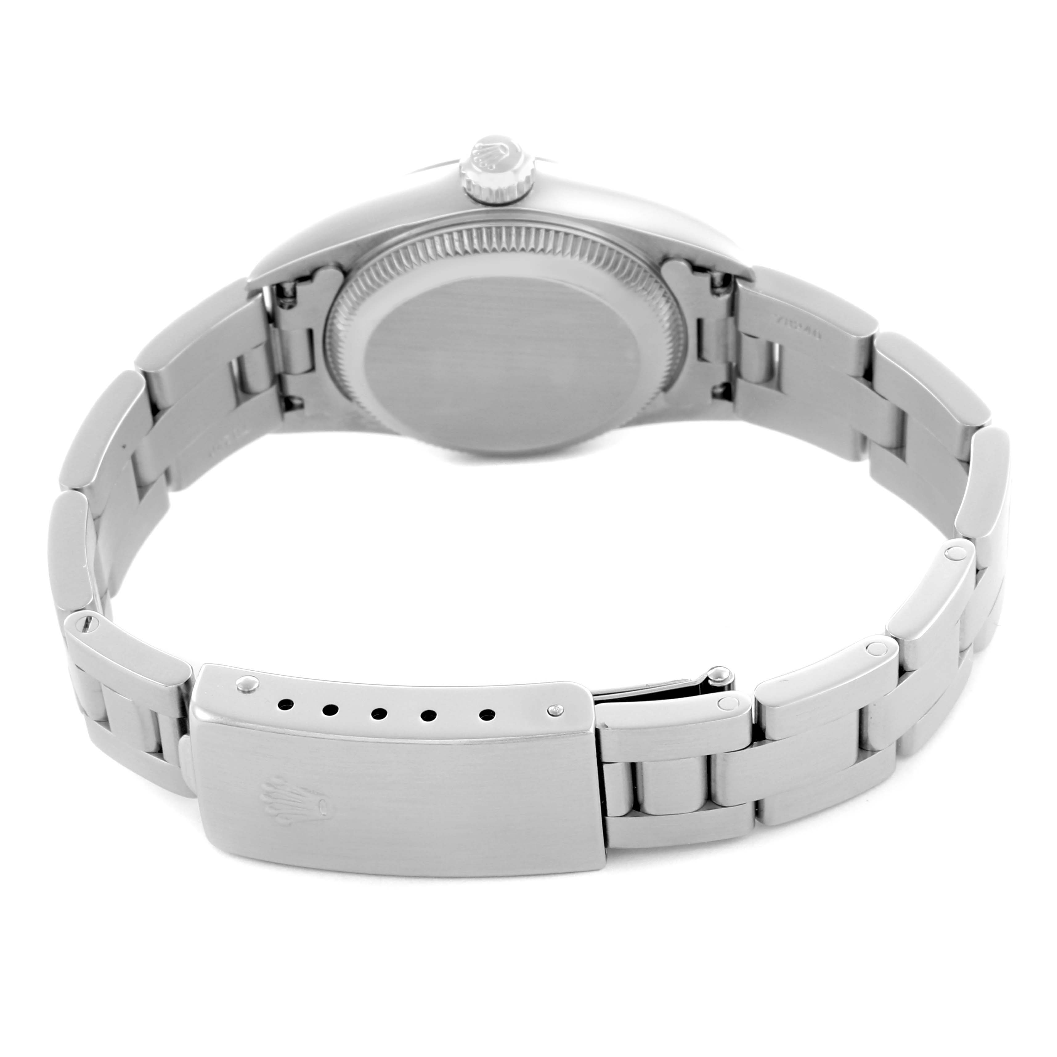 The Rolex Oyster Perpetual 76080 Women's Stainless Steel Pink Dial 76080 Women's Stainless Steel Pink Dial watch is shown from the back, highlighting the case back, bracelet, and clasp.