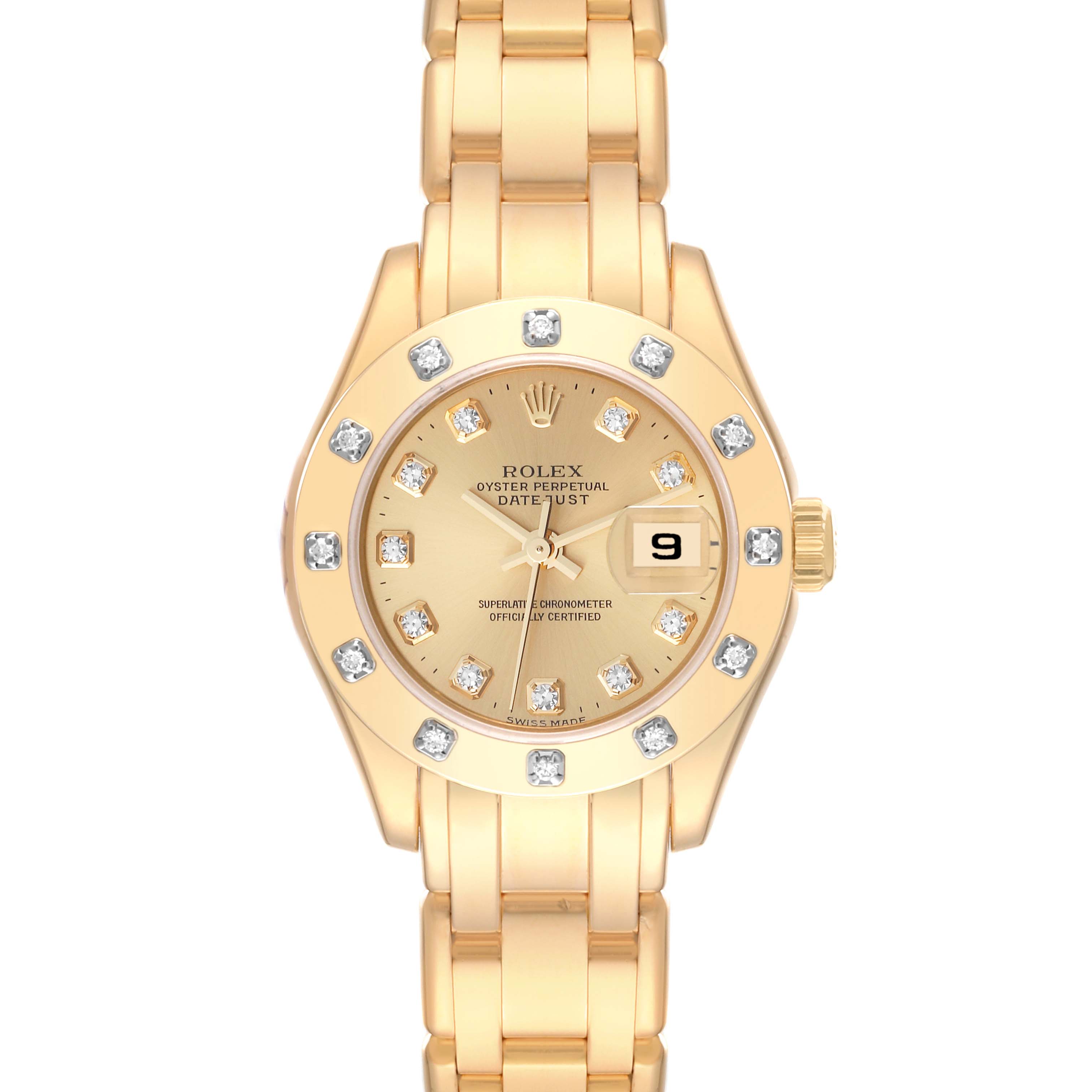This image shows a front view of the Rolex Pearlmaster 80318 Women's Yellow Gold Champagne Dial 80318 Women's Yellow Gold Champagne Dial watch, highlighting its face, bezel, and bracelet.