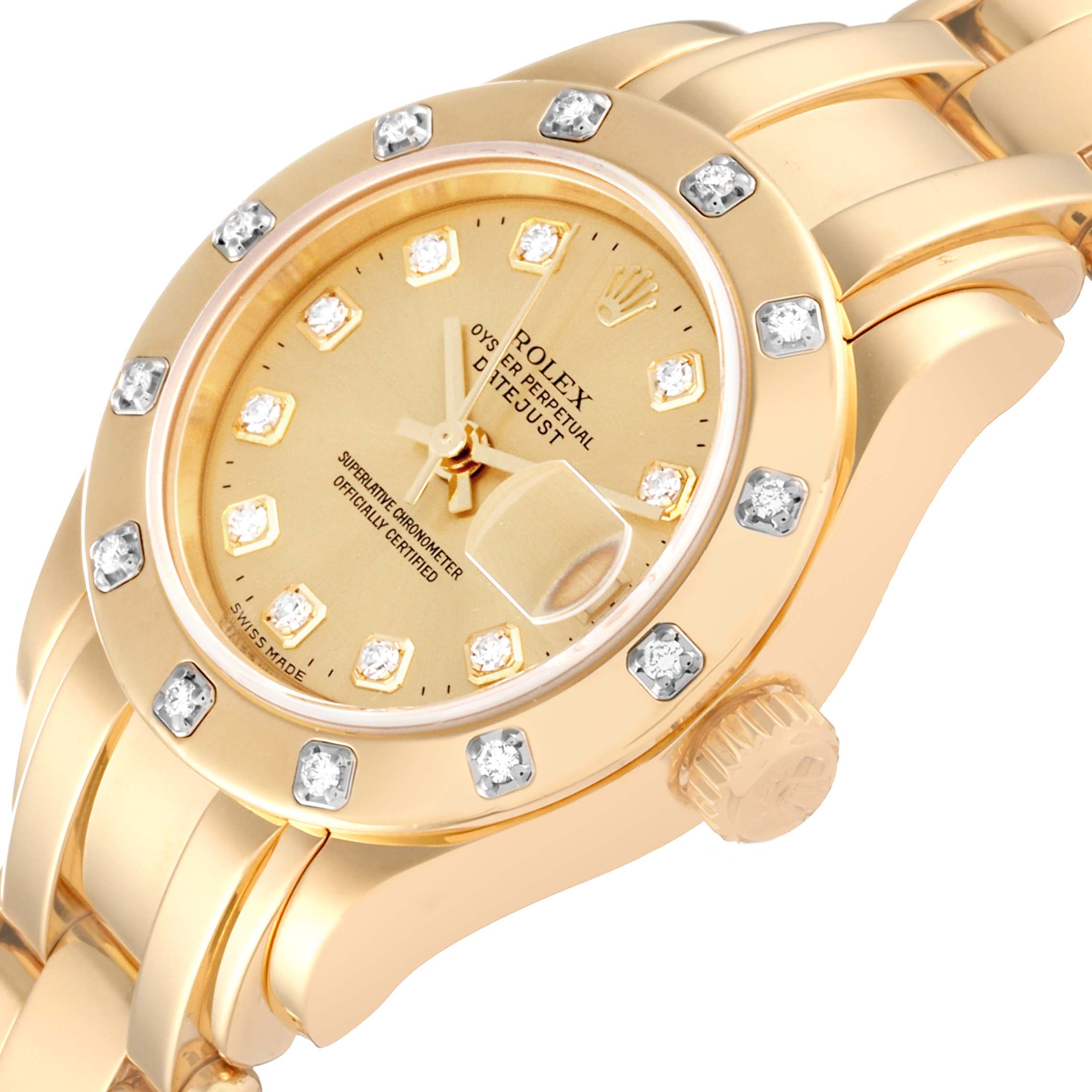 The Rolex Pearlmaster 80318 Women's Yellow Gold Champagne Dial 80318 Women's Yellow Gold Champagne Dial watch is shown at a three-quarter angle, highlighting the face, bezel with diamonds, and crown.