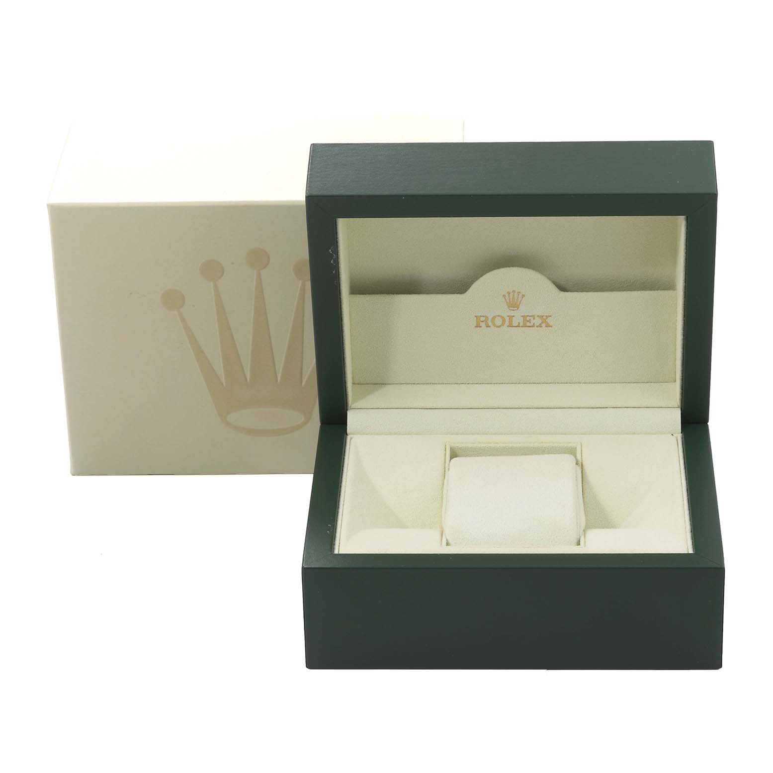The image shows the open box packaging for a Rolex Pearlmaster 80318 Women's Yellow Gold Champagne Dial 80318 Women's Yellow Gold Champagne Dial watch, highlighting the interior padding and branding.