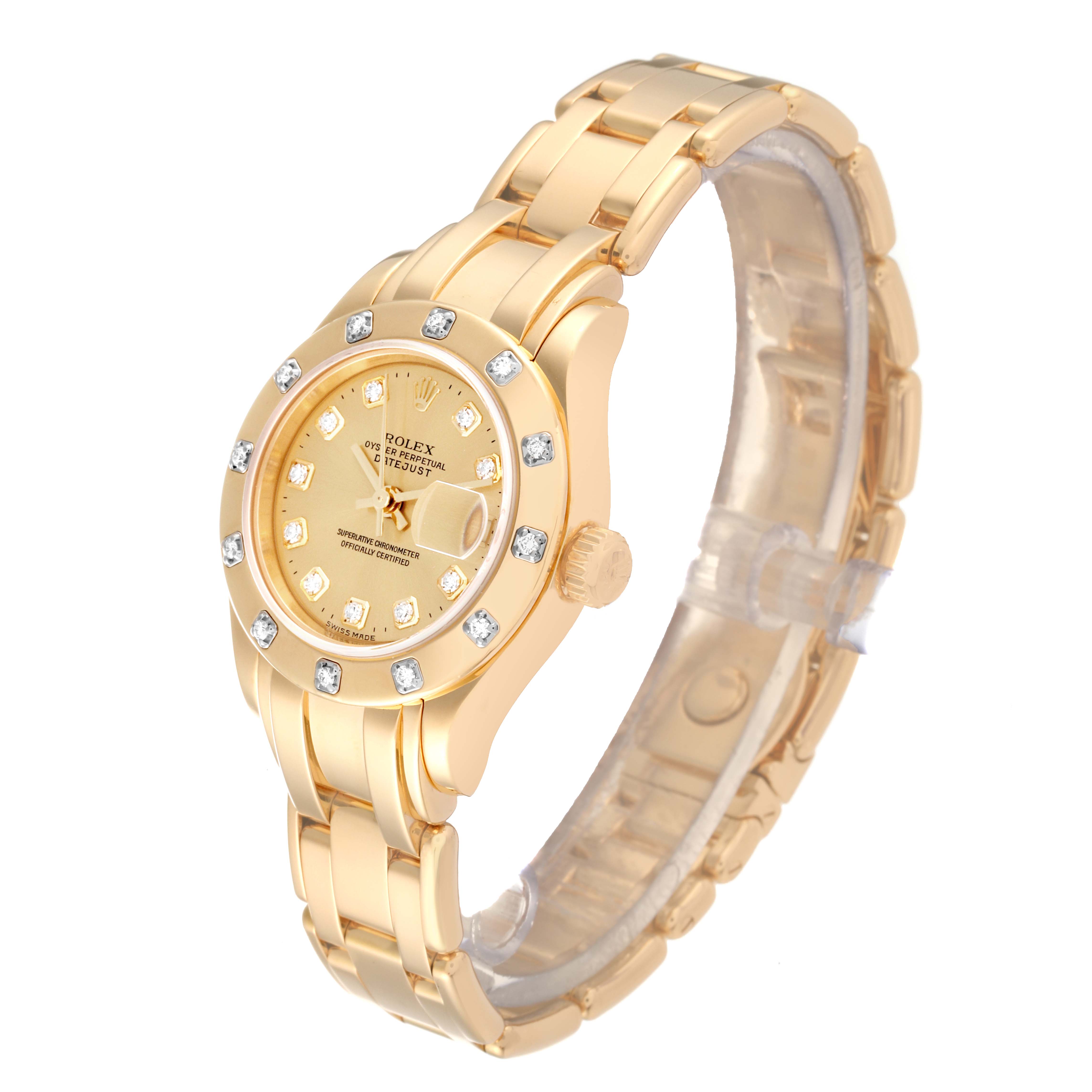 The Rolex Pearlmaster 80318 Women's Yellow Gold Champagne Dial 80318 Women's Yellow Gold Champagne Dial watch is shown at a three-quarter angle, displaying the case, dial, crown, and bracelet.