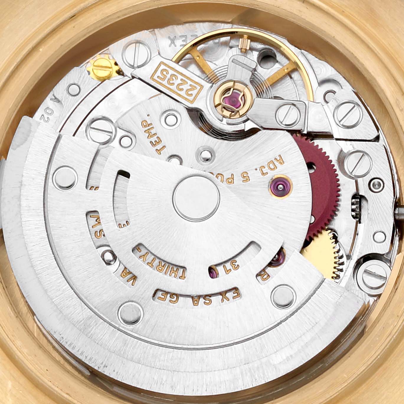 This image shows a close-up view of the movement and internal mechanisms of a Rolex Pearlmaster 80318 Women's Yellow Gold Champagne Dial 80318 Women's Yellow Gold Champagne Dial watch.