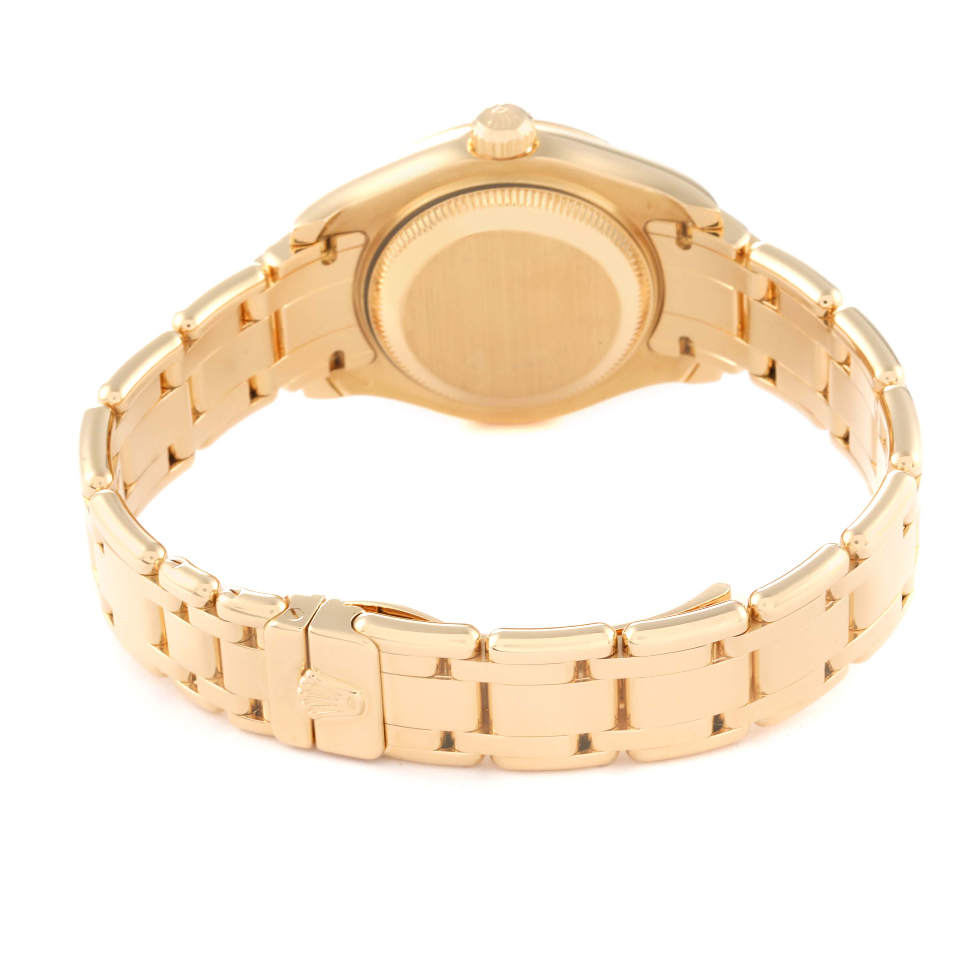 This image shows the back view of a Rolex Pearlmaster 80318 Women's Yellow Gold Champagne Dial 80318 Women's Yellow Gold Champagne Dial watch, focusing on the case and bracelet.