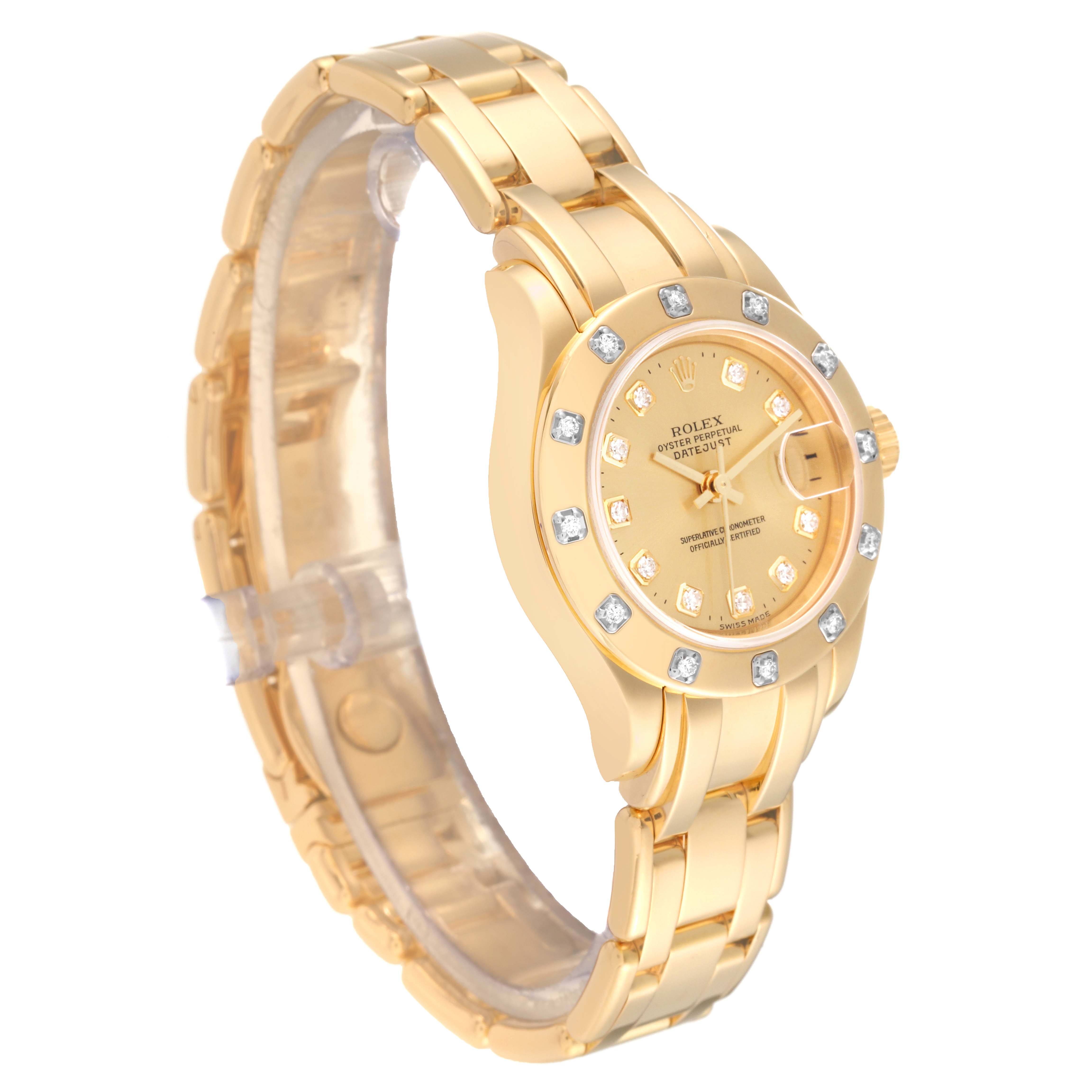 The image shows a Rolex Pearlmaster 80318 Women's Yellow Gold Champagne Dial 80318 Women's Yellow Gold Champagne Dial watch at a slight angle, highlighting its gold bracelet and diamond-embellished bezel.