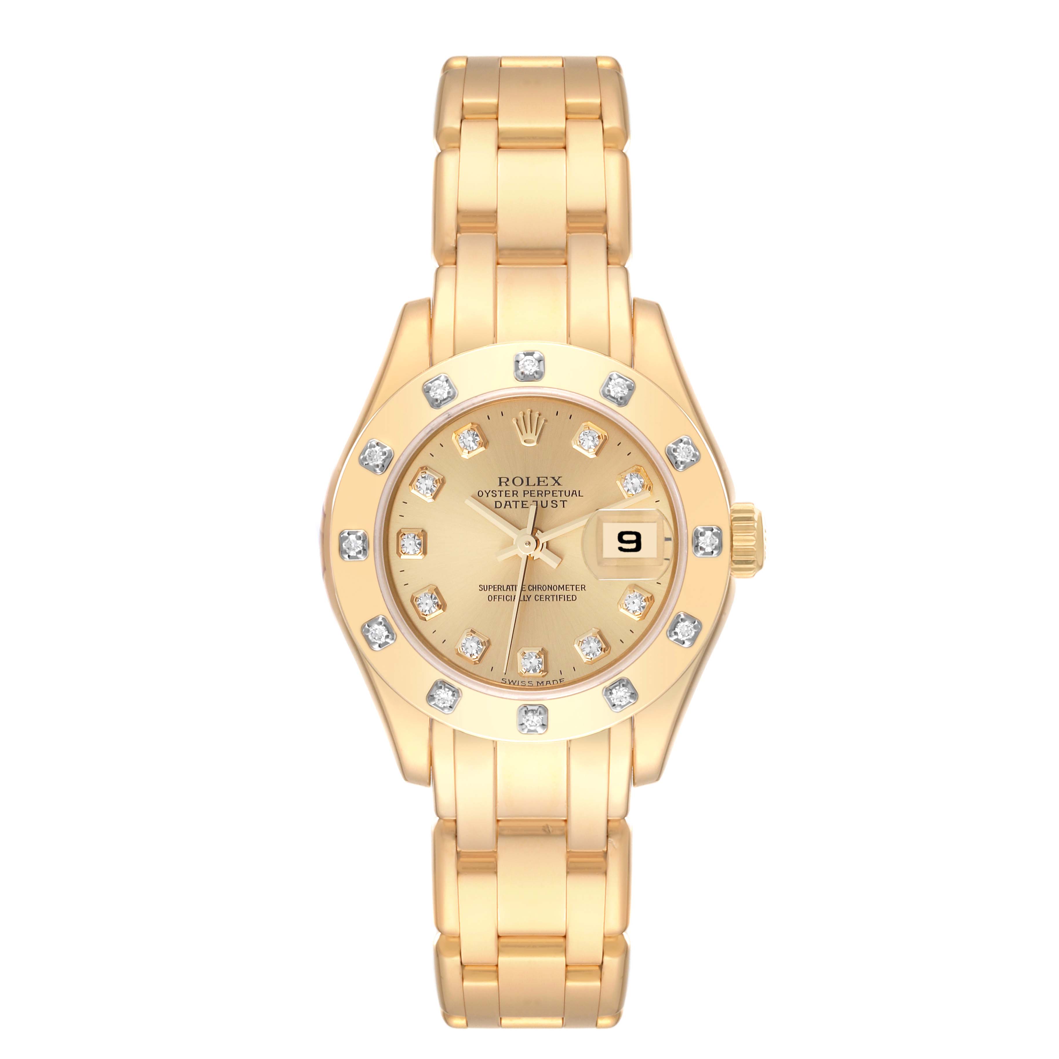 The Rolex Pearlmaster 80318 Women's Yellow Gold Champagne Dial 80318 Women's Yellow Gold Champagne Dial model is shown from a top-down angle, highlighting its gold bracelet, diamond-studded bezel, and date display.