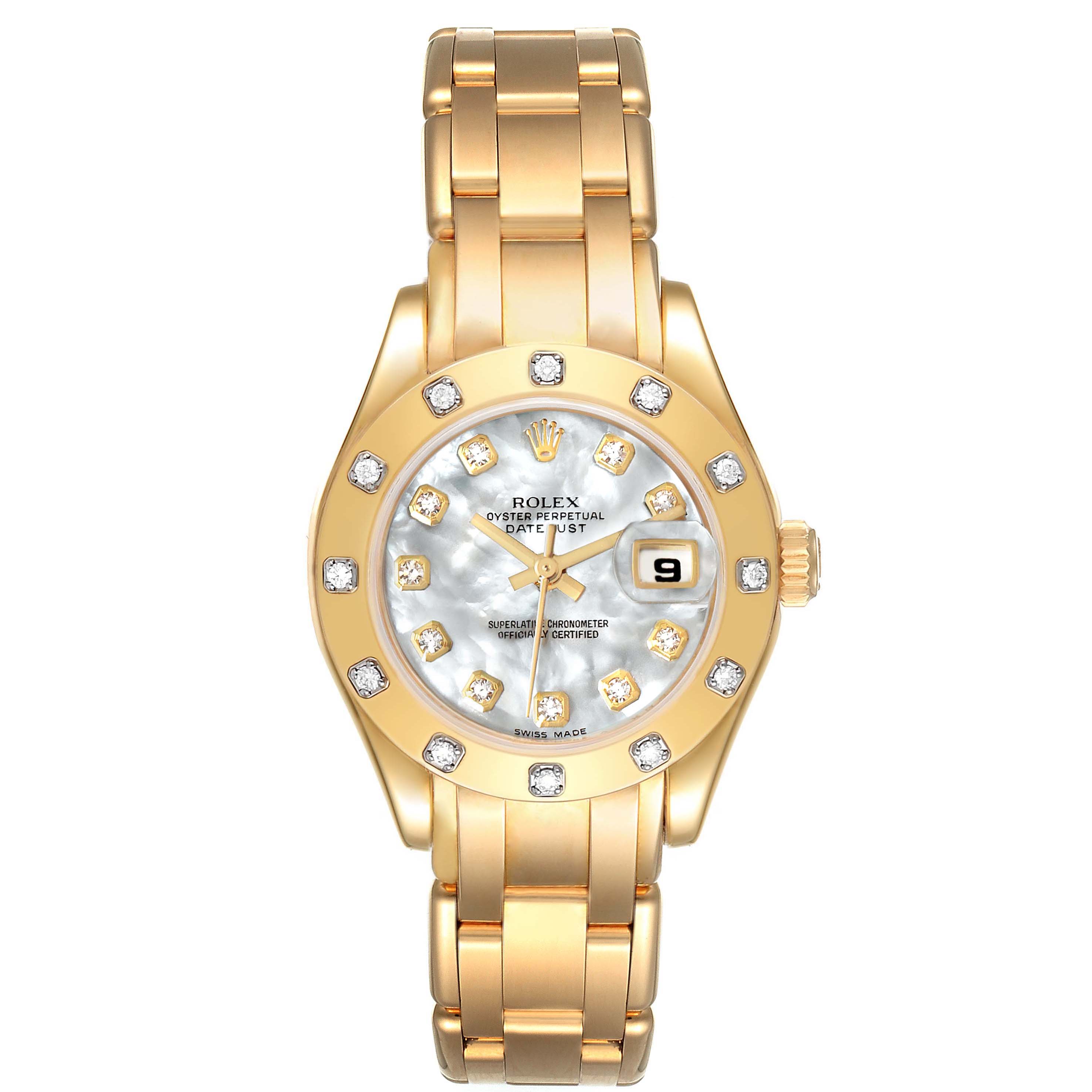 The image shows a Rolex Pearlmaster 80318 Women's Yellow Gold Mother of Pearl Dial 80318 Women's Yellow Gold Mother of Pearl Dial watch from a front-facing angle, highlighting the face, bezel, and bracelet.