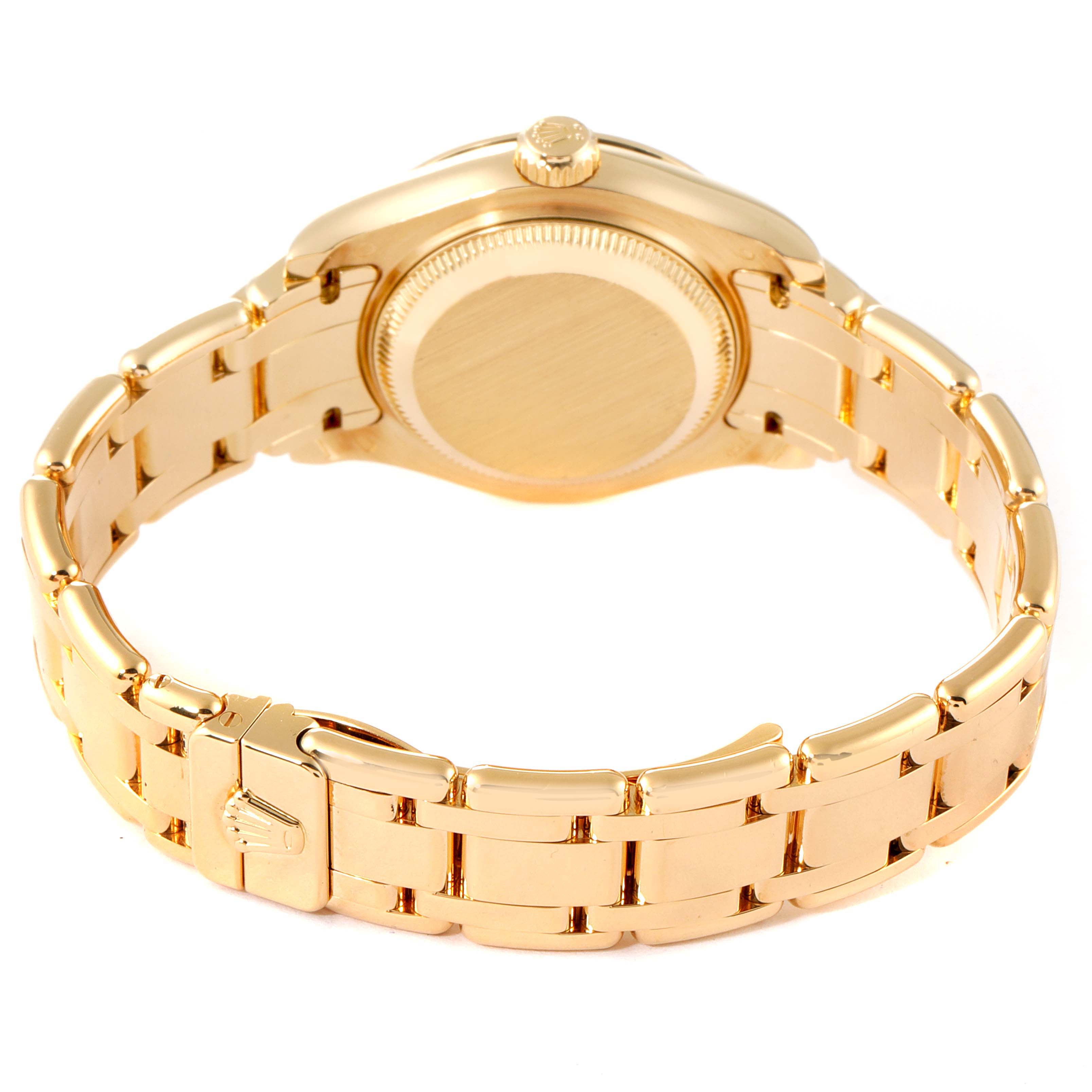 This image shows the back case and bracelet of a Rolex Pearlmaster 80318 Women's Yellow Gold Mother of Pearl Dial 80318 Women's Yellow Gold Mother of Pearl Dial watch from a rear angle.