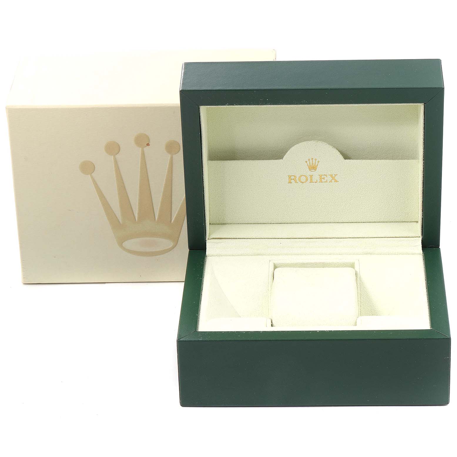 The image shows an empty Rolex Pearlmaster 80318 Women's Yellow Gold Mother of Pearl Dial 80318 Women's Yellow Gold Mother of Pearl Dial watch box and its outer packaging, displayed at a front angle.