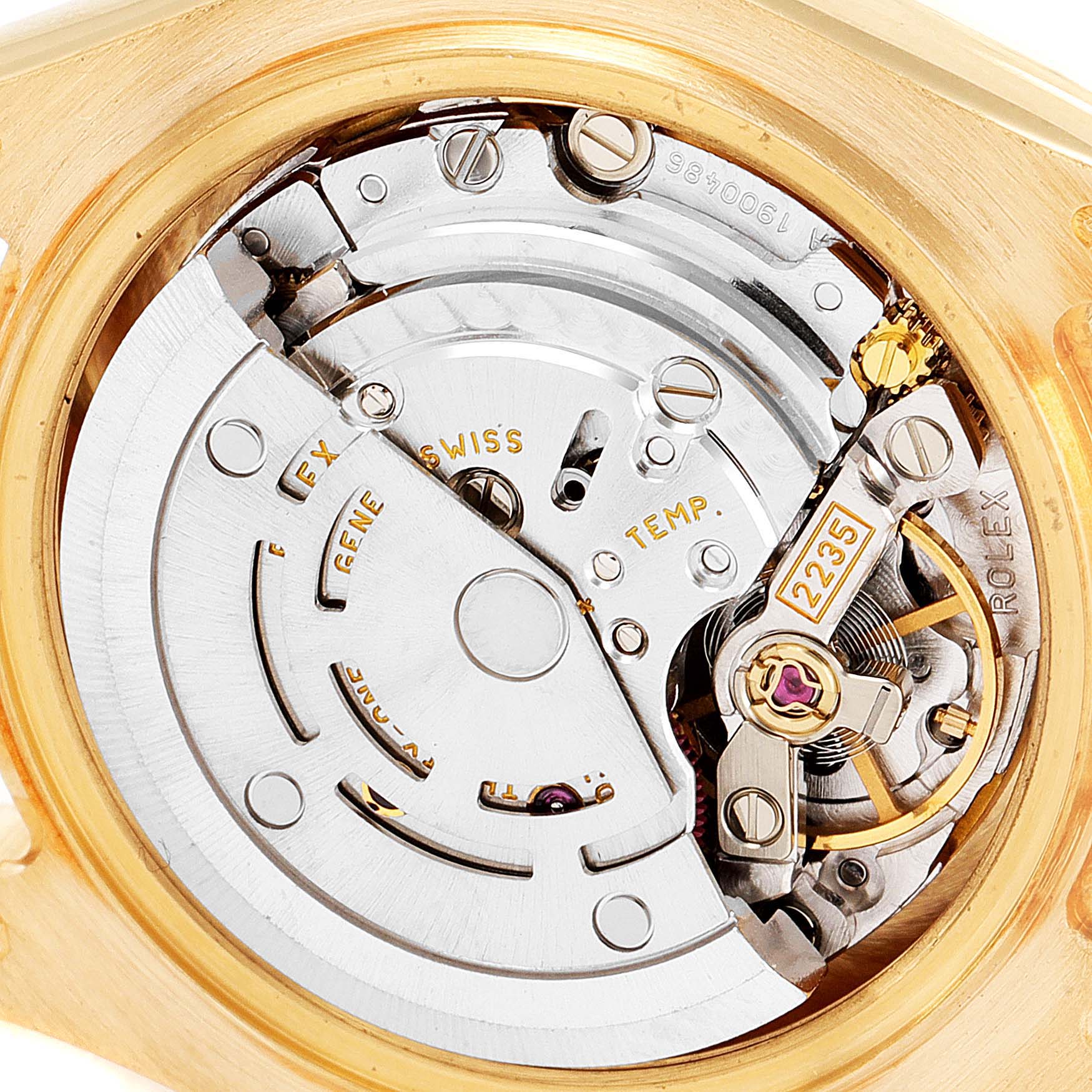 This image shows the internal mechanism of a Rolex Pearlmaster 80318 Women's Yellow Gold Mother of Pearl Dial 80318 Women's Yellow Gold Mother of Pearl Dial watch from a close-up angle.