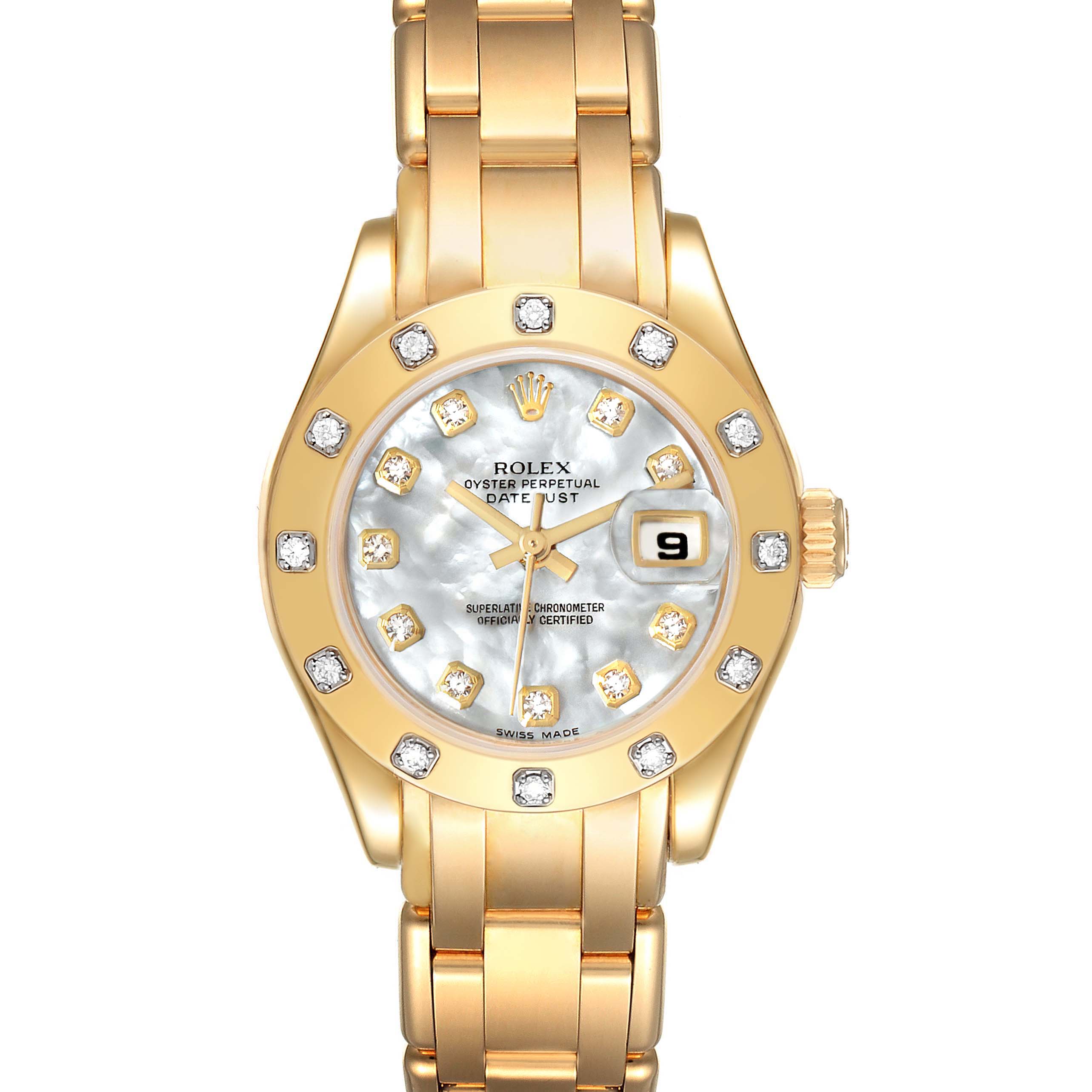 The image shows a frontal view of the Rolex Pearlmaster 80318 Women's Yellow Gold Mother of Pearl Dial 80318 Women's Yellow Gold Mother of Pearl Dial watch, highlighting its gold bracelet, diamond markers, and date window.