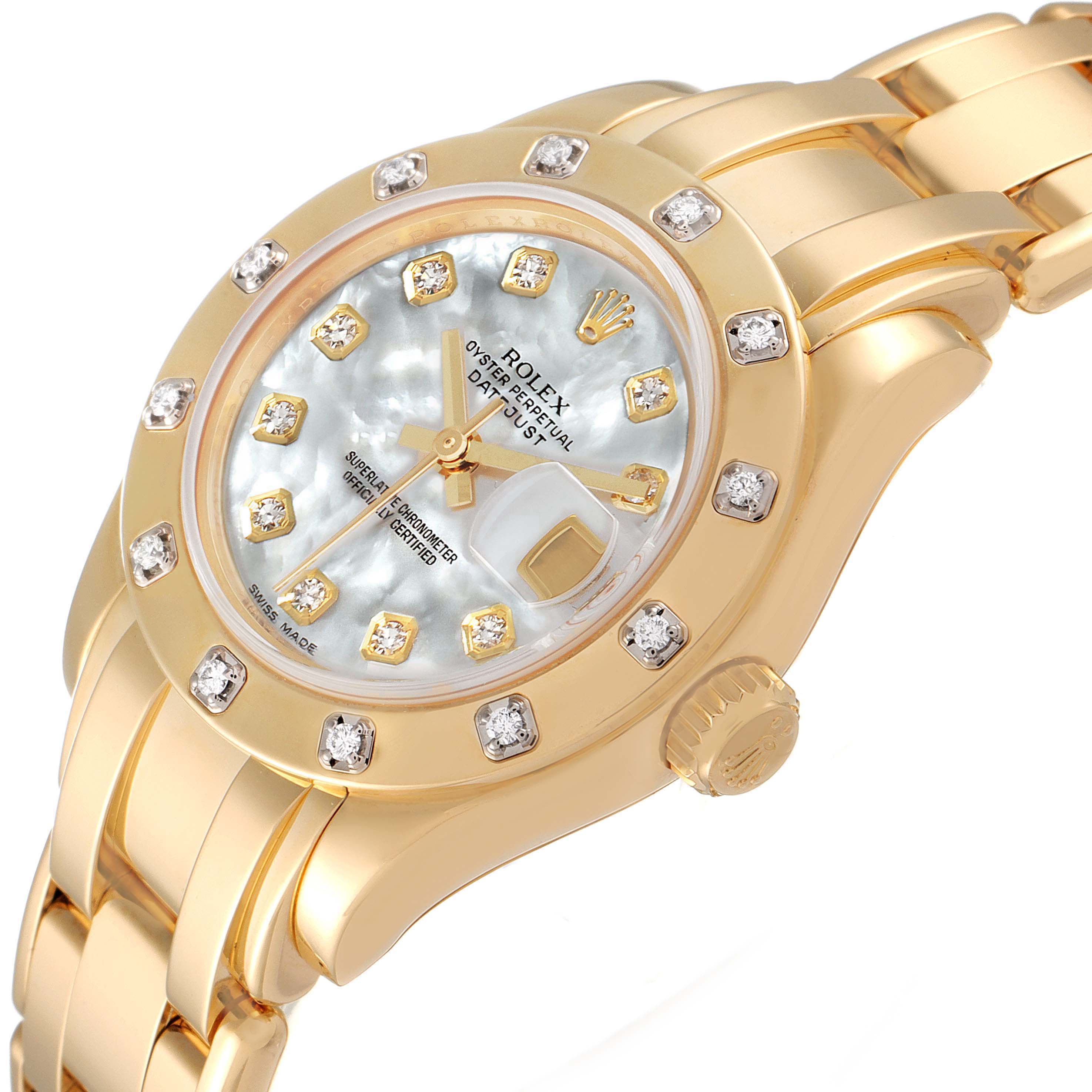 The Rolex Pearlmaster 80318 Women's Yellow Gold Mother of Pearl Dial 80318 Women's Yellow Gold Mother of Pearl Dial watch is shown at a three-quarter angle, highlighting its diamond-studded bezel, dial, and bracelet.