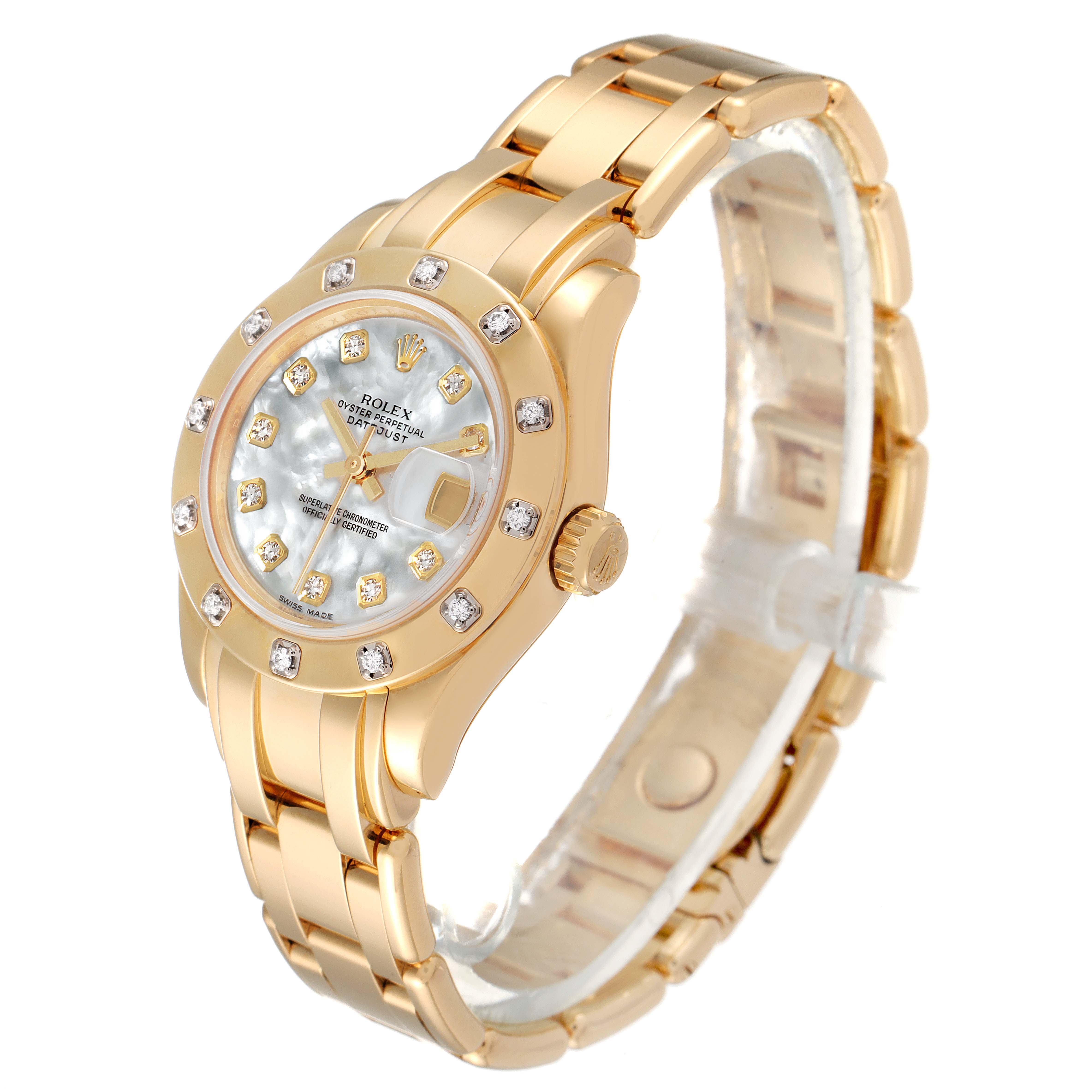 The Rolex Pearlmaster 80318 Women's Yellow Gold Mother of Pearl Dial 80318 Women's Yellow Gold Mother of Pearl Dial watch is shown at a three-quarter angle, showcasing the face, bezel, crown, and part of the bracelet.