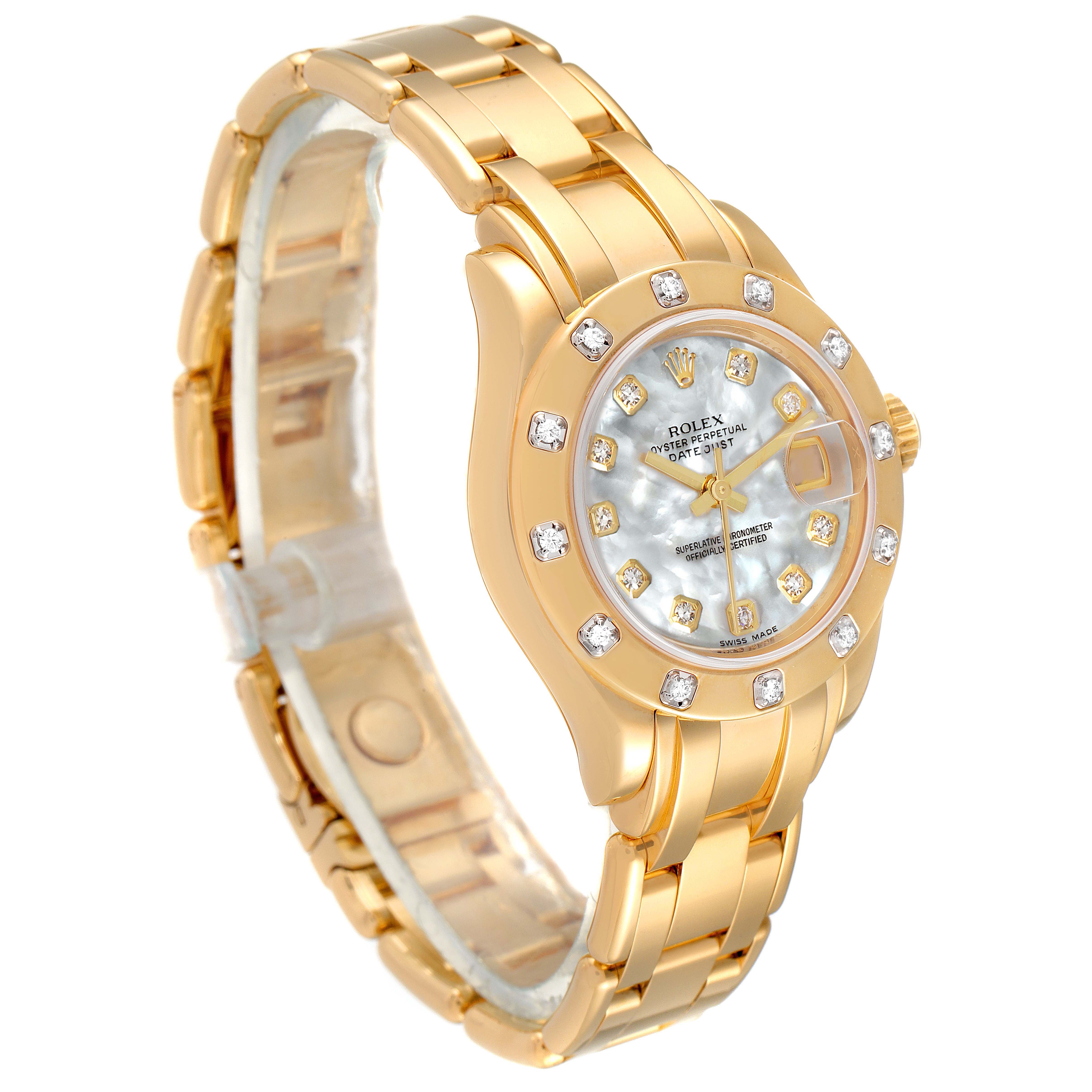 The image shows a Rolex Pearlmaster 80318 Women's Yellow Gold Mother of Pearl Dial 80318 Women's Yellow Gold Mother of Pearl Dial watch from a front-right angle, highlighting its gold band, diamond bezel, and mother-of-pearl dial.