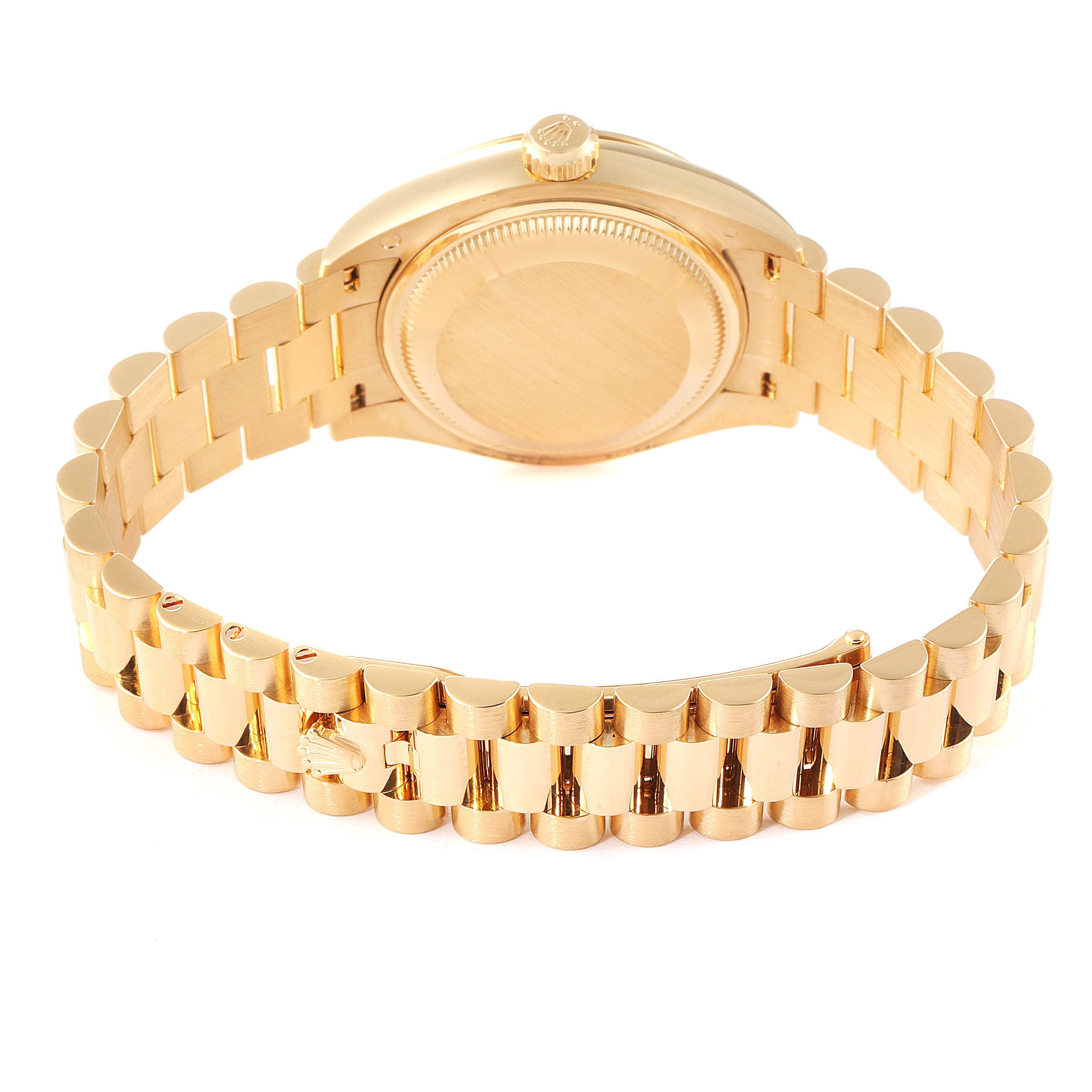 The image shows the back view of a Rolex President 279178 Women
s Yellow Gold Champagne Dial 279178 Women
s Yellow Gold Champagne Dial model watch, highlighting its gold case and bracelet.