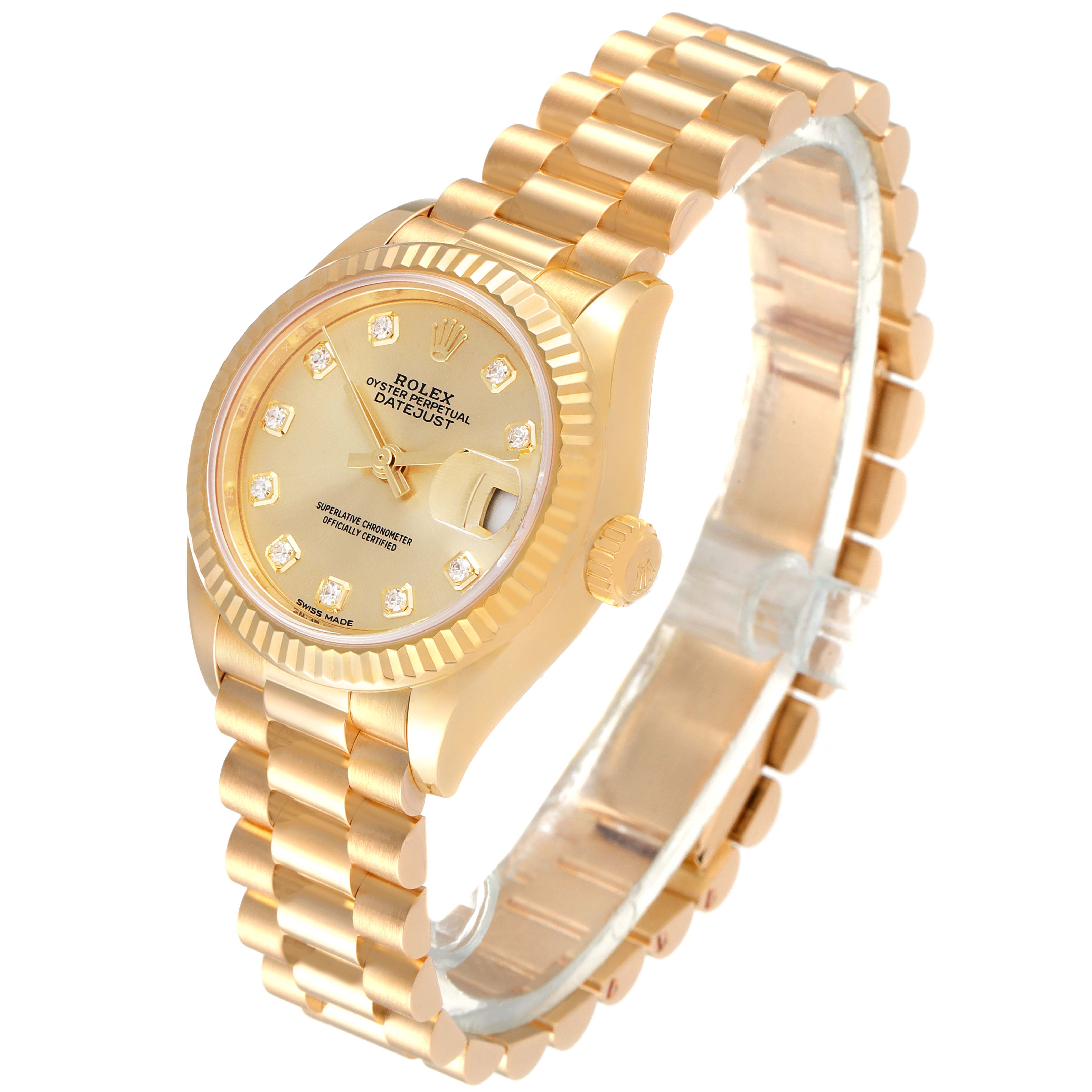 This image shows a side angle of a Rolex President 279178 Women
s Yellow Gold Champagne Dial 279178 Women
s Yellow Gold Champagne Dial model watch featuring its dial, fluted bezel, and bracelet.