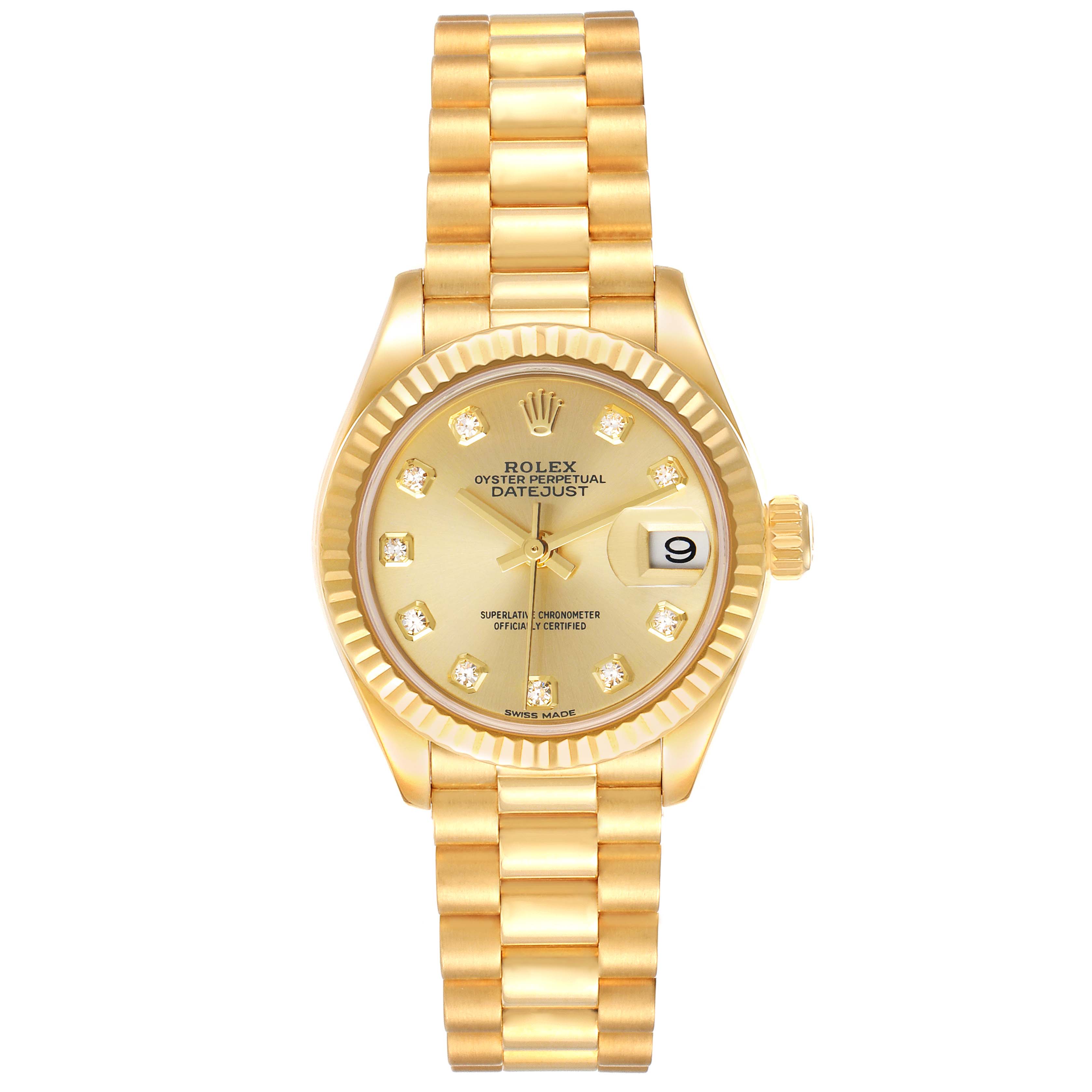 The Rolex President 279178 Women
s Yellow Gold Champagne Dial 279178 Women
s Yellow Gold Champagne Dial model watch is shown from a top view, displaying the dial, hands, date window, and band.