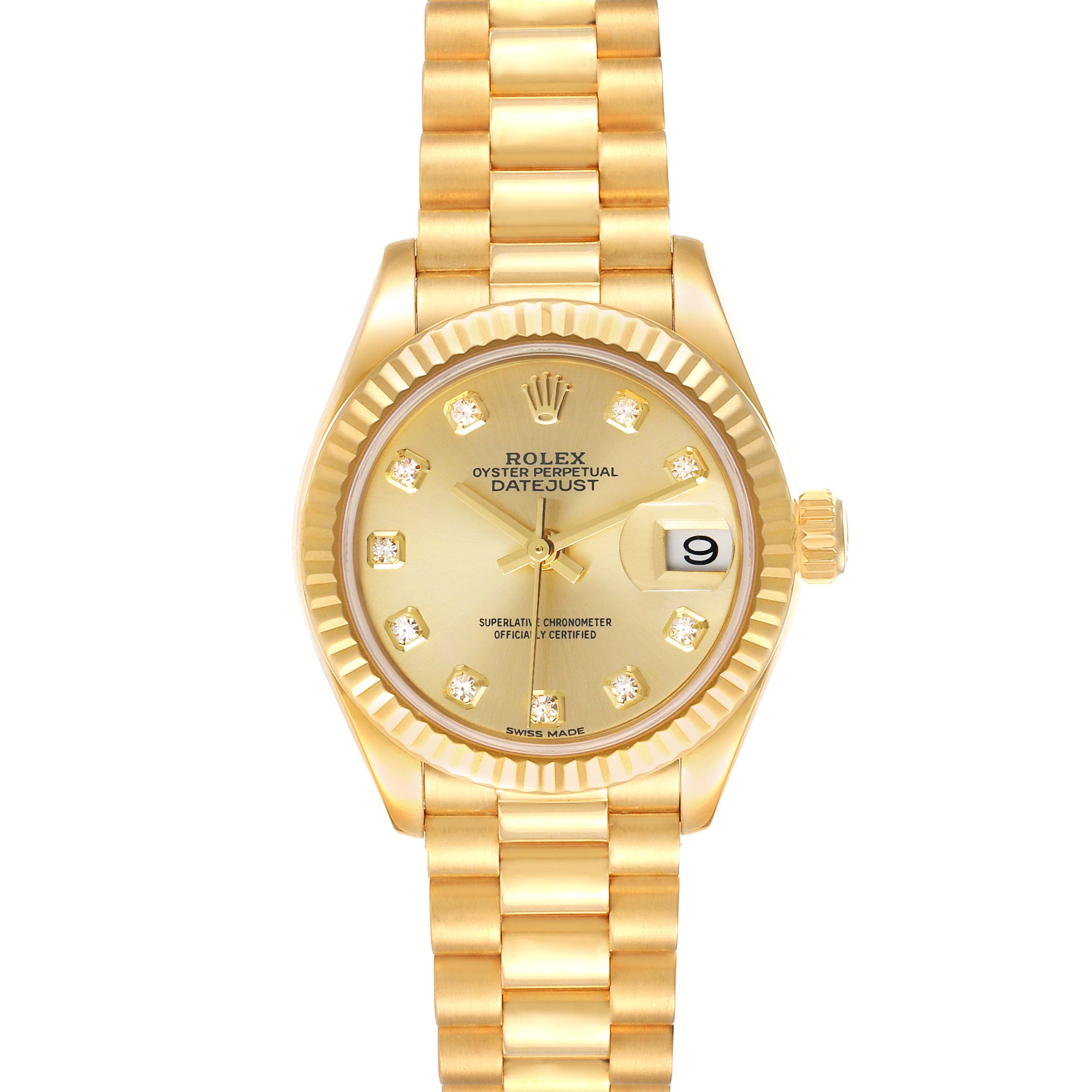 The Rolex President 279178 Women
s Yellow Gold Champagne Dial 279178 Women
s Yellow Gold Champagne Dial model watch is shown from a top-down angle, showcasing the bracelet, face, and date window.