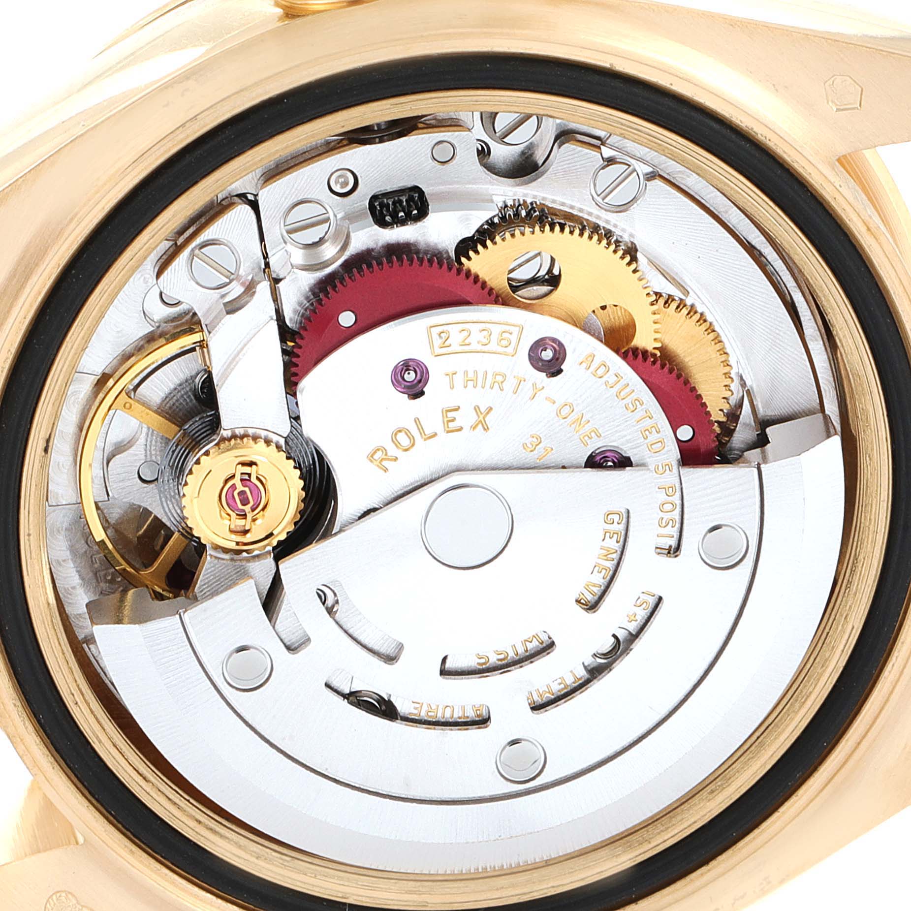 This image shows the detailed internal movement mechanism of the Rolex President 279178 Women
s Yellow Gold Champagne Dial 279178 Women
s Yellow Gold Champagne Dial model watch from a rear angle.