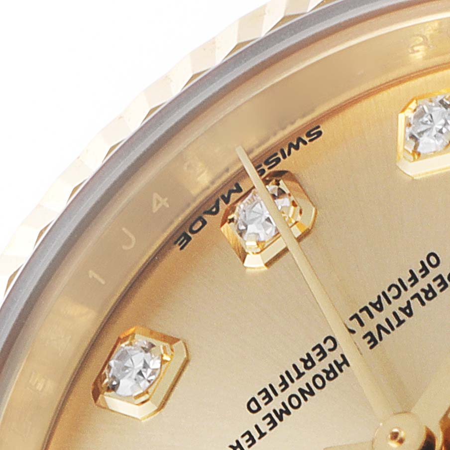 The close-up image shows the dial with diamond hour markers and part of the bezel of a Rolex President 279178 Women
s Yellow Gold Champagne Dial 279178 Women
s Yellow Gold Champagne Dial model watch.