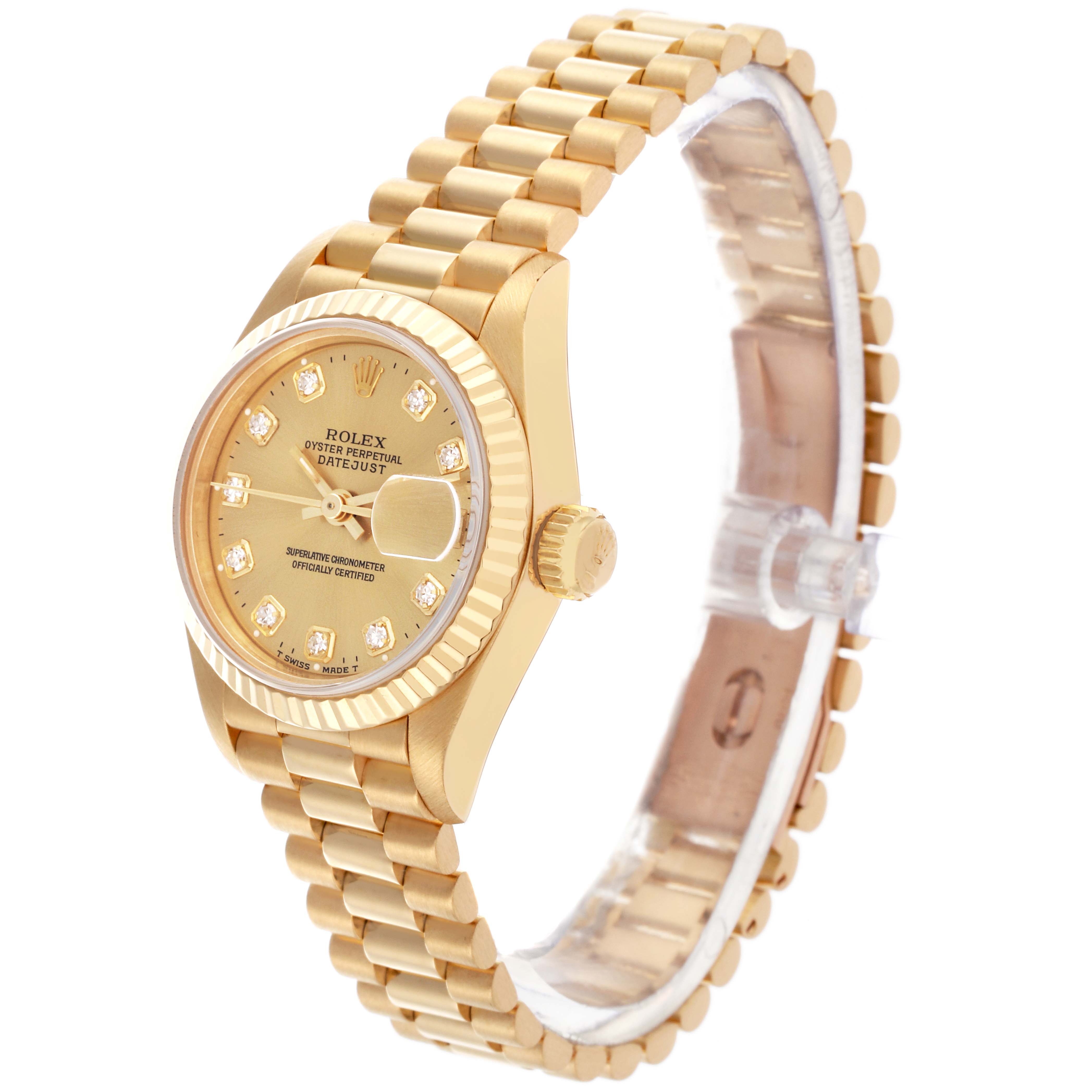 The Rolex President 69178 Women's Yellow Gold Champagne Dial 69178 Women's Yellow Gold Champagne Dial model is shown at a three-quarter angle, highlighting its golden bracelet, dial, and crown.