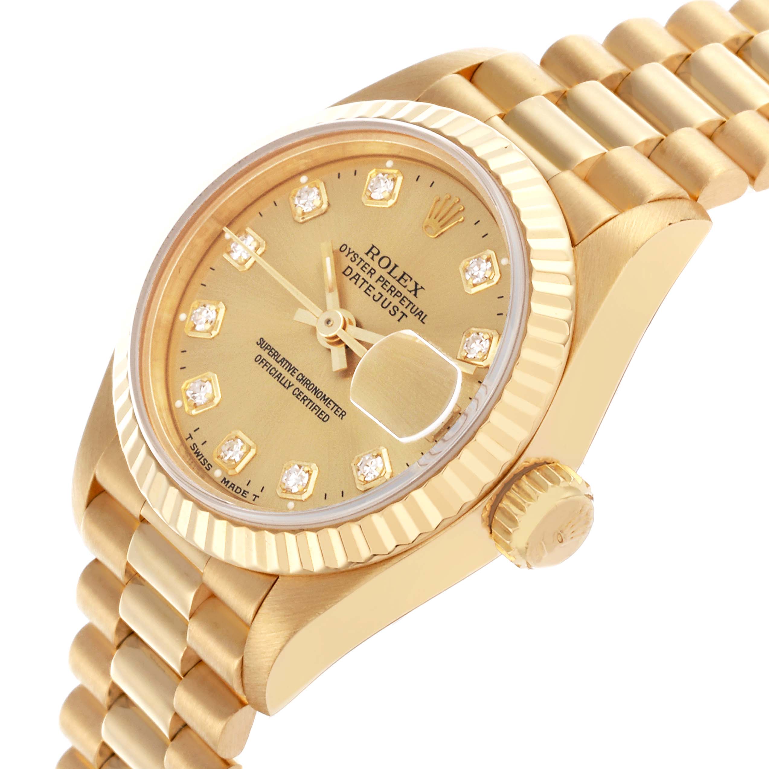 The image shows a Rolex President 69178 Women's Yellow Gold Champagne Dial 69178 Women's Yellow Gold Champagne Dial model watch at a slight side angle, highlighting the dial, bezel, crown, and bracelet.
