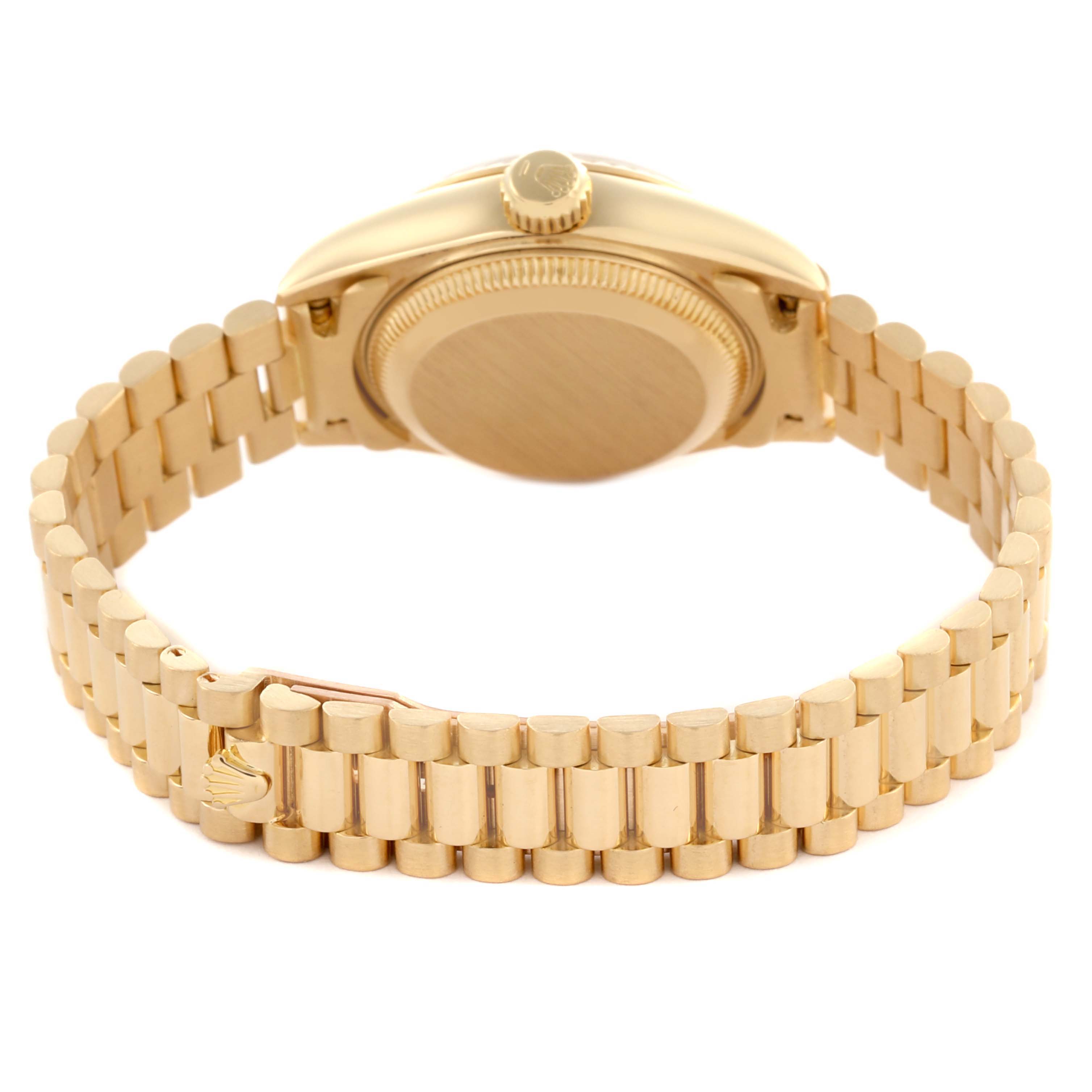 The Rolex President 69178 Women's Yellow Gold Champagne Dial 69178 Women's Yellow Gold Champagne Dial model is shown from a rear angle, highlighting the case back, bracelet, and crown.