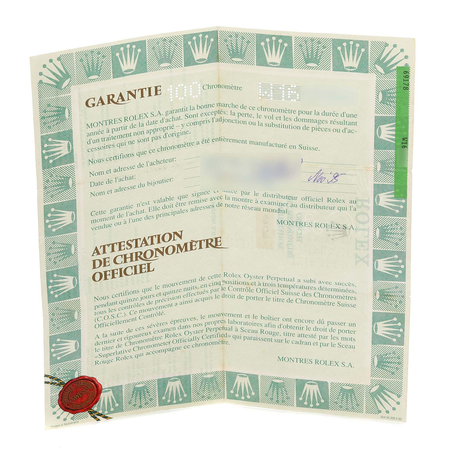 The image shows the guarantee and chronometer certificate for a Rolex President 69178 Women's Yellow Gold Champagne Dial 69178 Women's Yellow Gold Champagne Dial model, featuring green border designs and text in French.