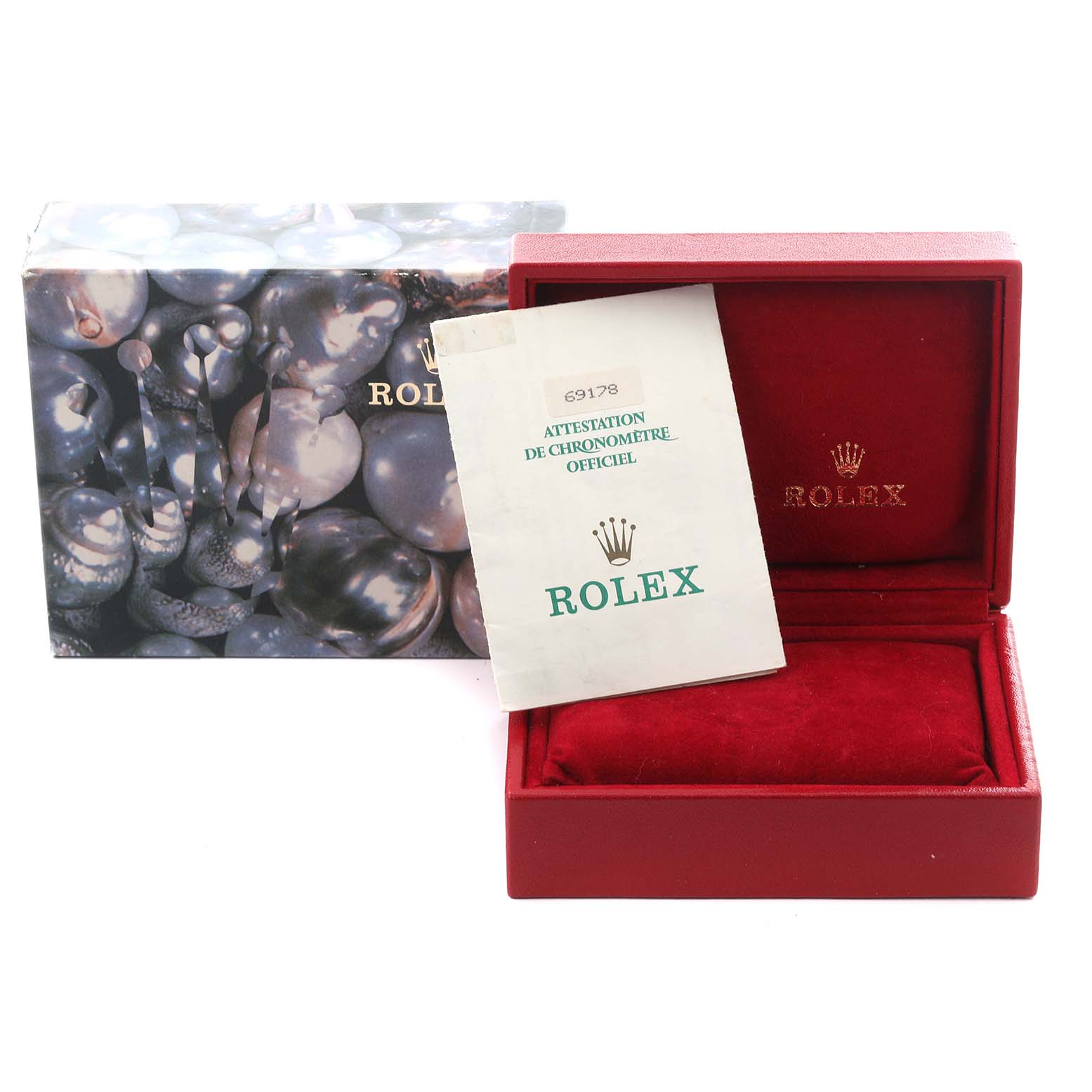 The image shows a Rolex President 69178 Women's Yellow Gold Champagne Dial 69178 Women's Yellow Gold Champagne Dial model's box, outer sleeve, and chronometer certificate at an angle displaying the front and side.