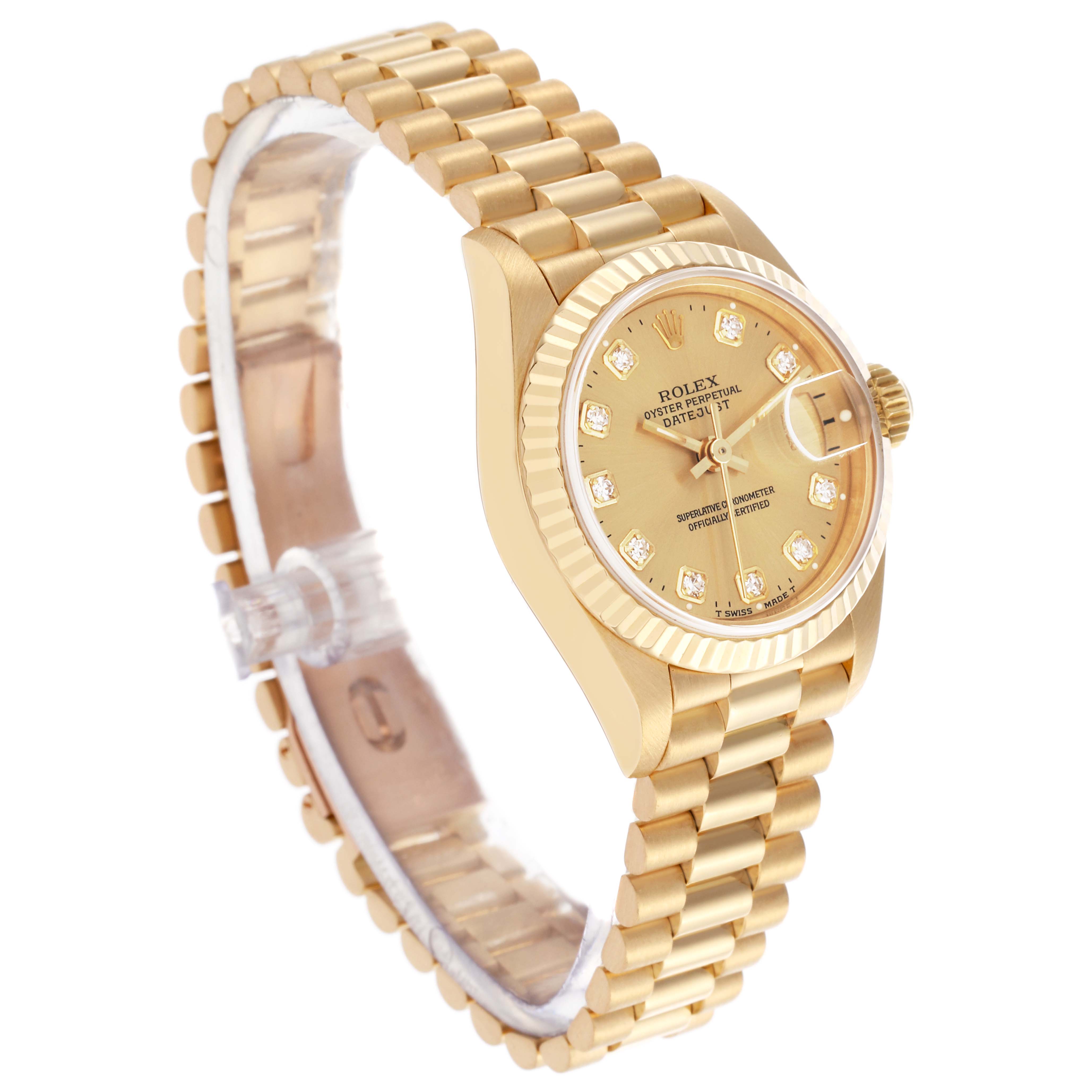 The Rolex President 69178 Women's Yellow Gold Champagne Dial 69178 Women's Yellow Gold Champagne Dial model watch is shown at a three-quarter angle, highlighting its gold bracelet, bezel, and diamond hour markers.