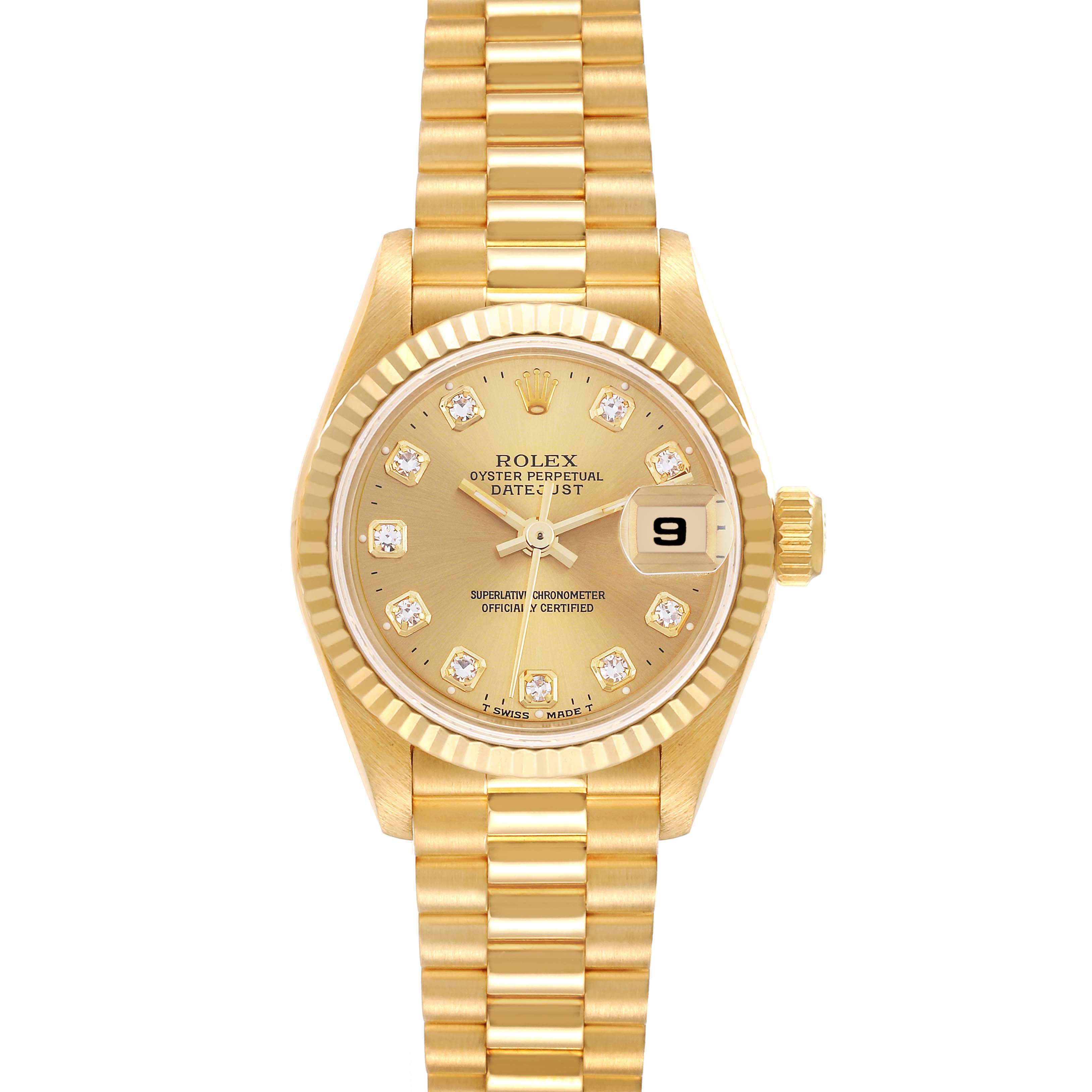 The Rolex President 69178 Women's Yellow Gold Champagne Dial 69178 Women's Yellow Gold Champagne Dial model watch is shown from a front angle, highlighting the face, bezel, crown, and bracelet.