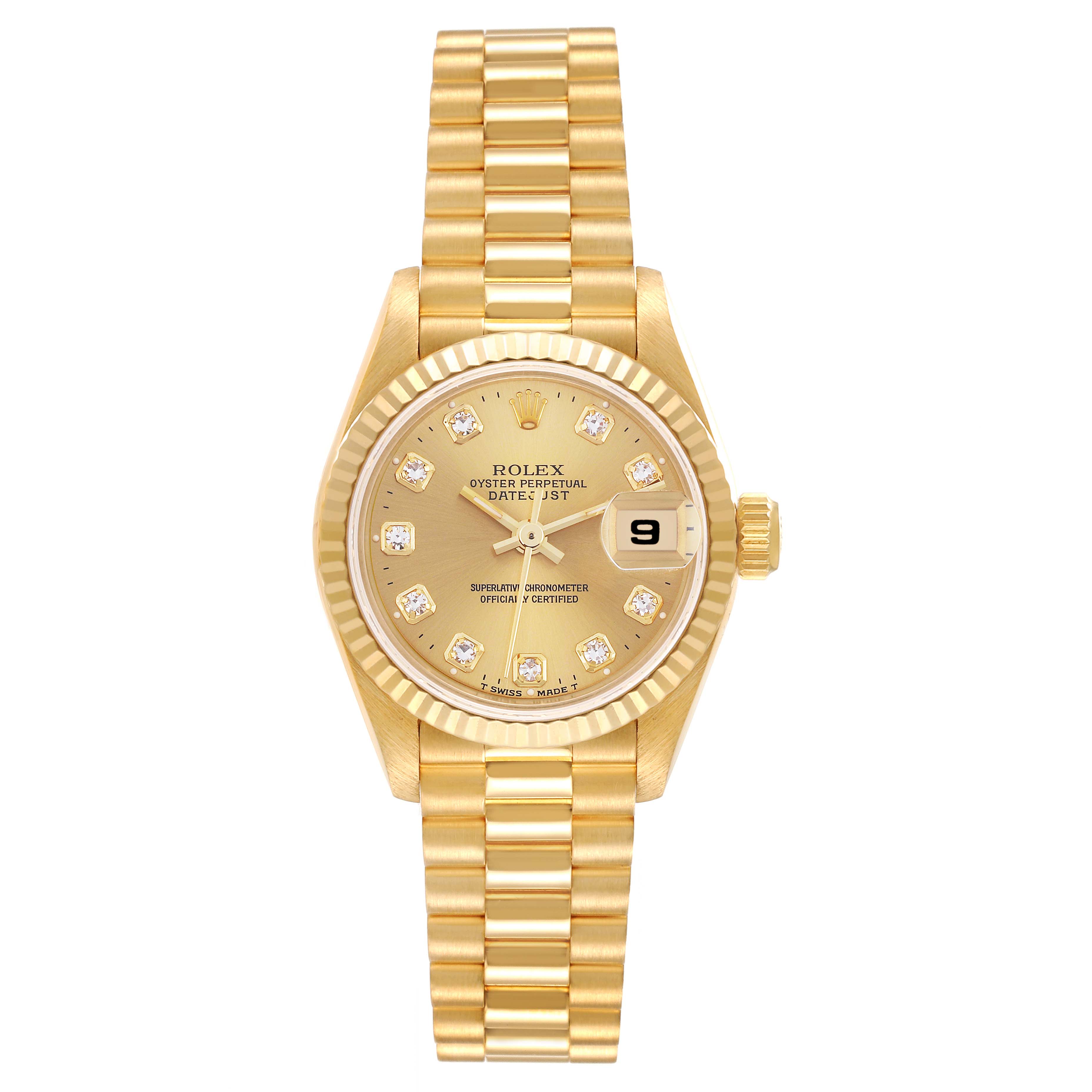 The Rolex President 69178 Women's Yellow Gold Champagne Dial 69178 Women's Yellow Gold Champagne Dial watch is shown from a top view, displaying the dial, bezel, bracelet, crown, and date window.