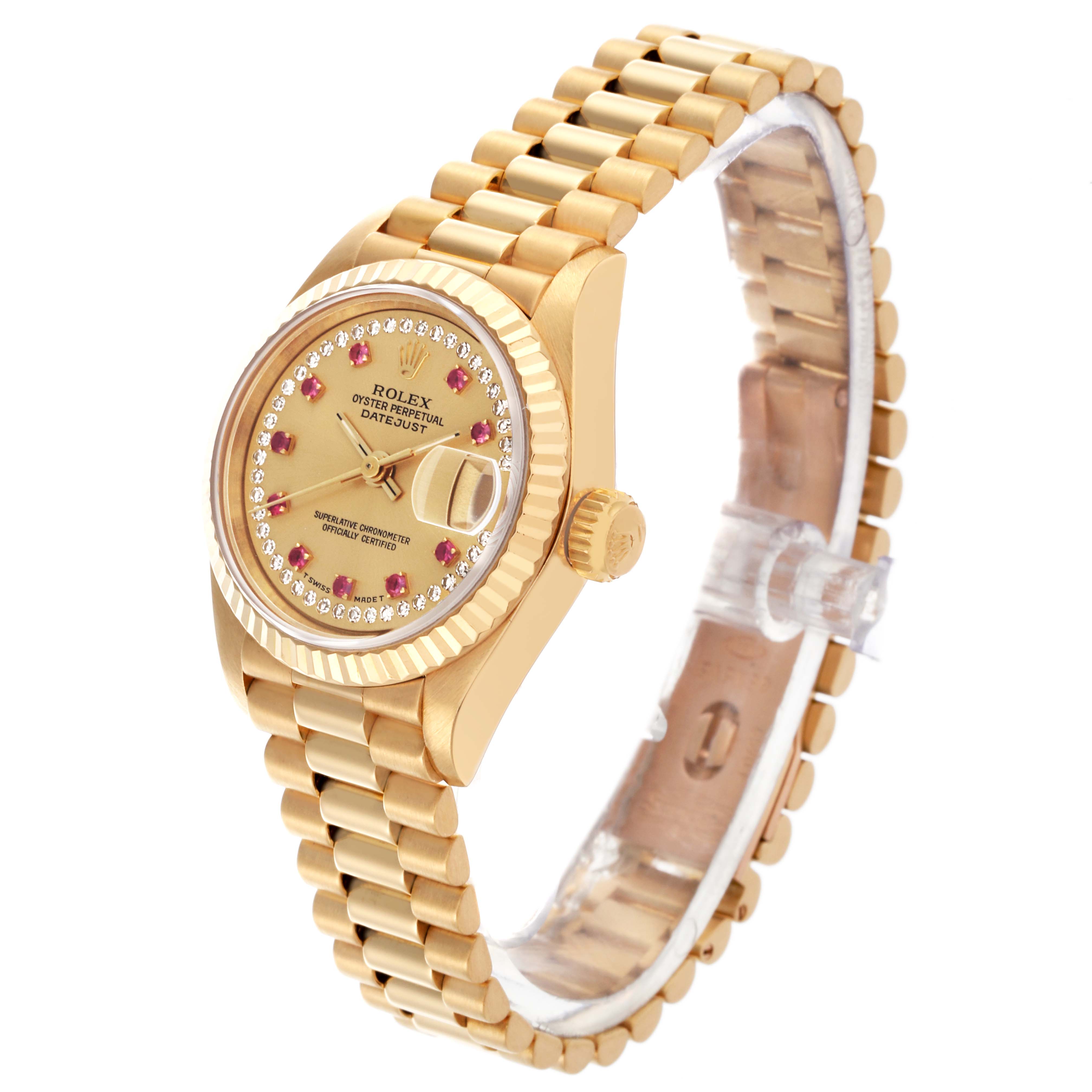 The Rolex President 69178 Women's Yellow Gold Champagne Dial 69178 Women's Yellow Gold Champagne Dial watch is shown at a slight angle, highlighting the face, bezel, and bracelet.