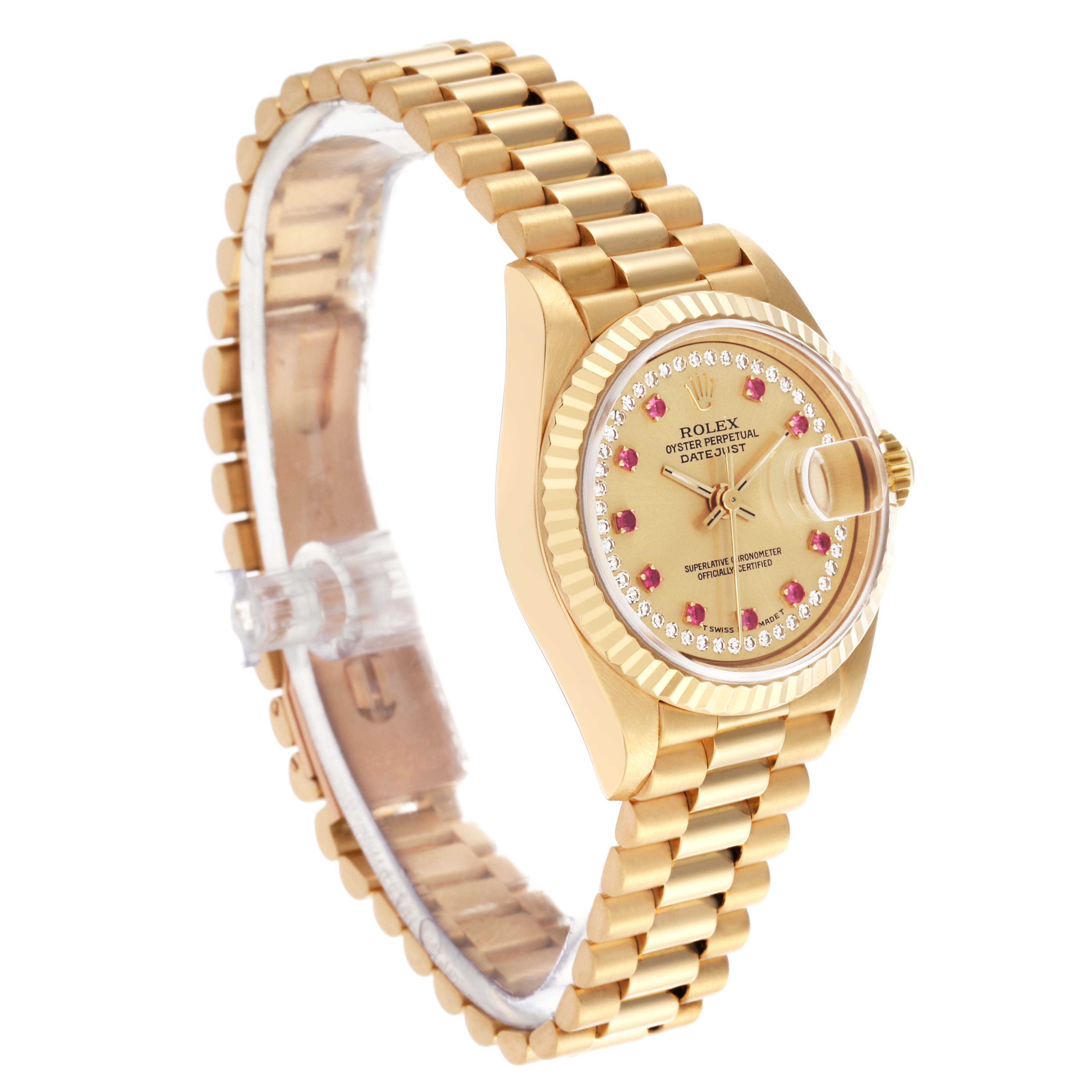 The Rolex President 69178 Women's Yellow Gold Champagne Dial 69178 Women's Yellow Gold Champagne Dial model is shown at an angled side view, highlighting its gold bracelet, bezel, and detailed dial.