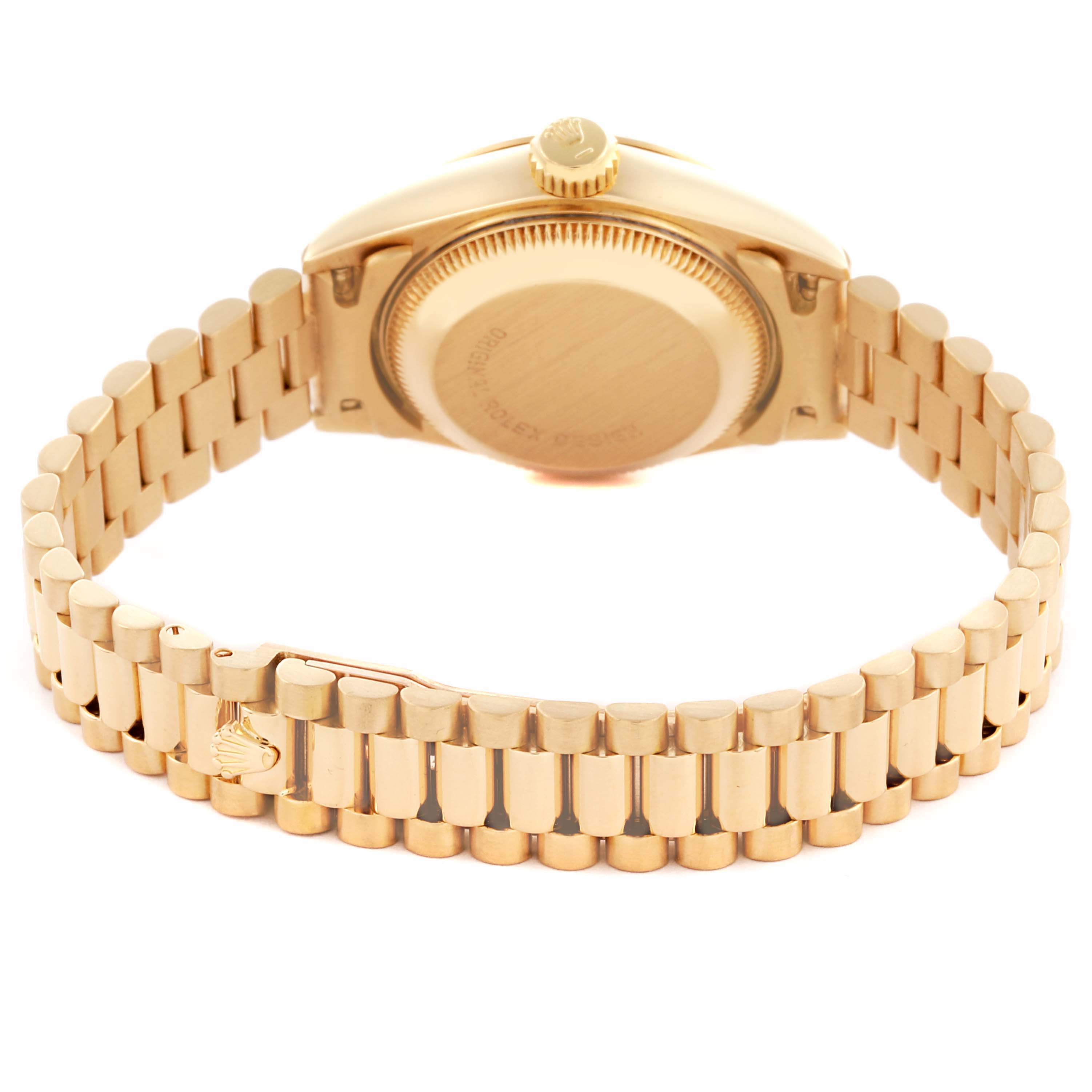 The image shows the back view of the Rolex President 69178 Women's Yellow Gold Champagne Dial 69178 Women's Yellow Gold Champagne Dial watch, highlighting the case back and gold bracelet.