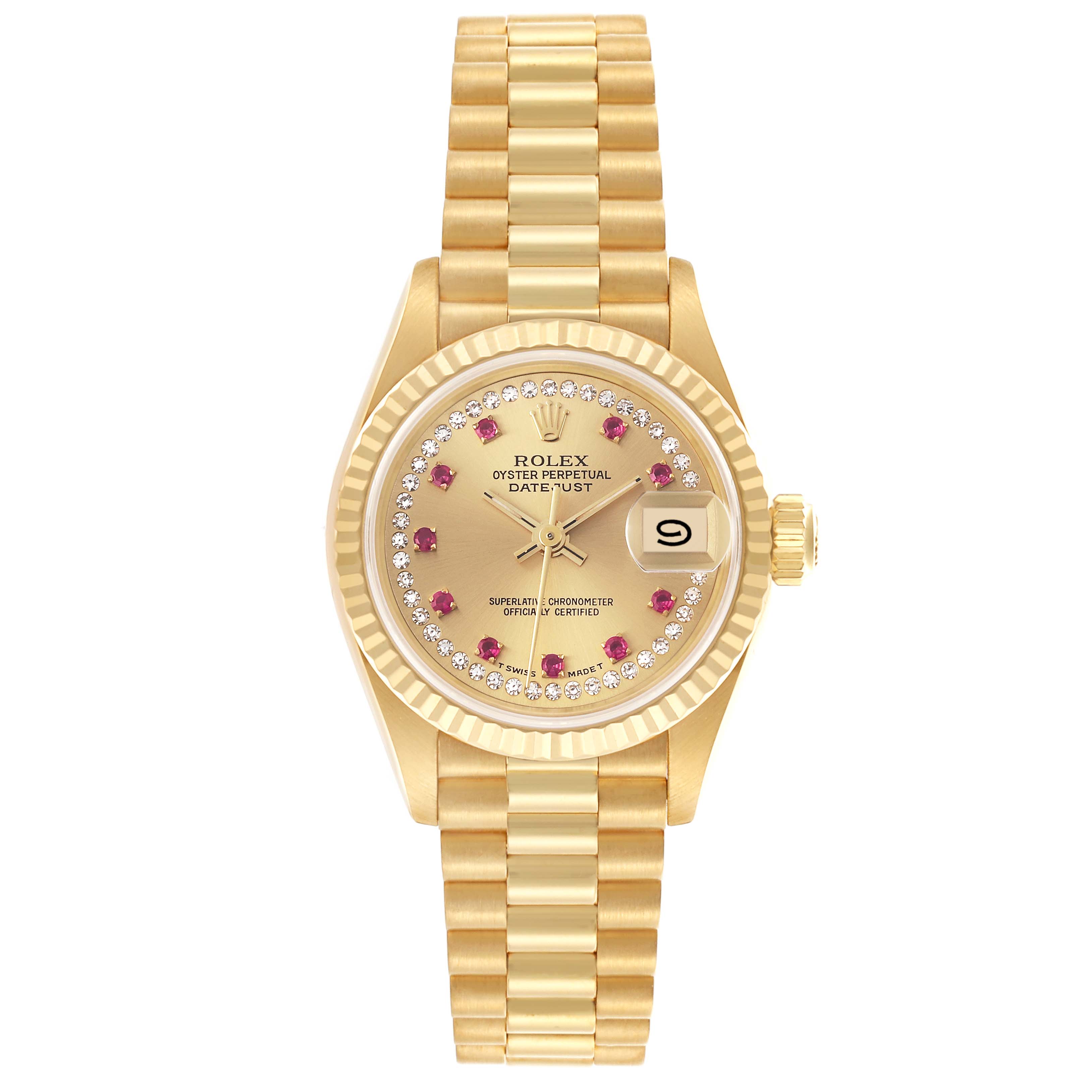 The Rolex President 69178 Women's Yellow Gold Champagne Dial 69178 Women's Yellow Gold Champagne Dial model watch is shown from the front, displaying the dial, bezel, bracelet, and date window.