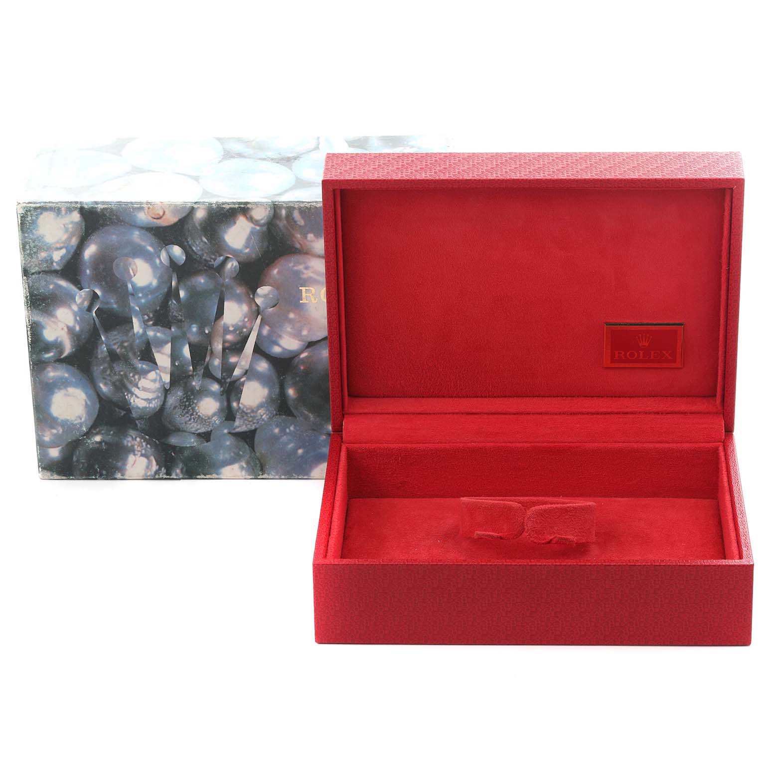 The image shows a Rolex President 69178 Women's Yellow Gold Champagne Dial 69178 Women's Yellow Gold Champagne Dial watch box at an angle, featuring the open red interior and decorative exterior packaging.