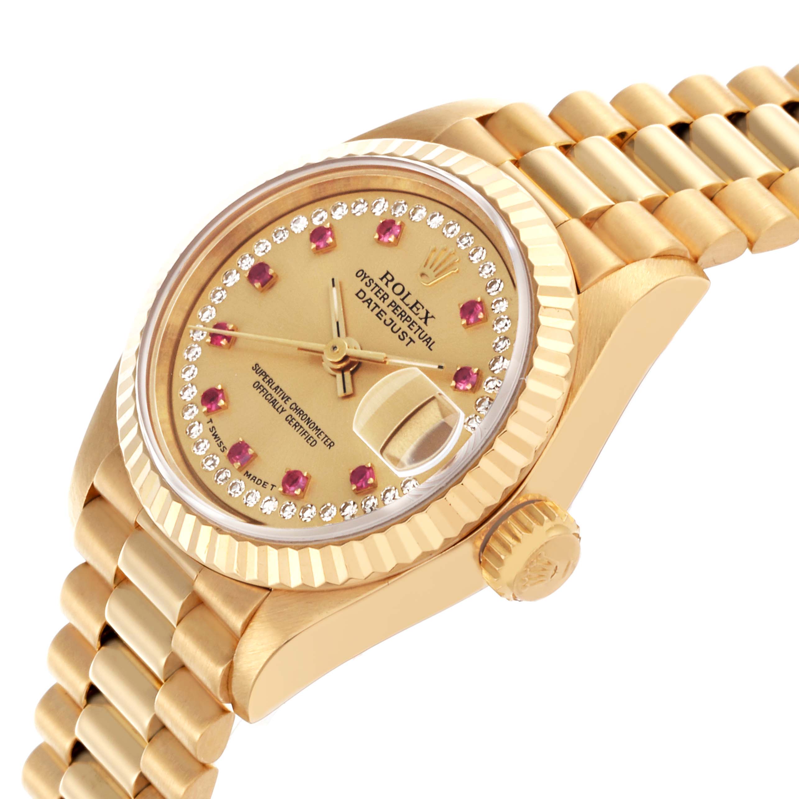 The Rolex President 69178 Women's Yellow Gold Champagne Dial 69178 Women's Yellow Gold Champagne Dial model watch is shown from an angled top view, highlighting the dial, bezel, and part of the bracelet.