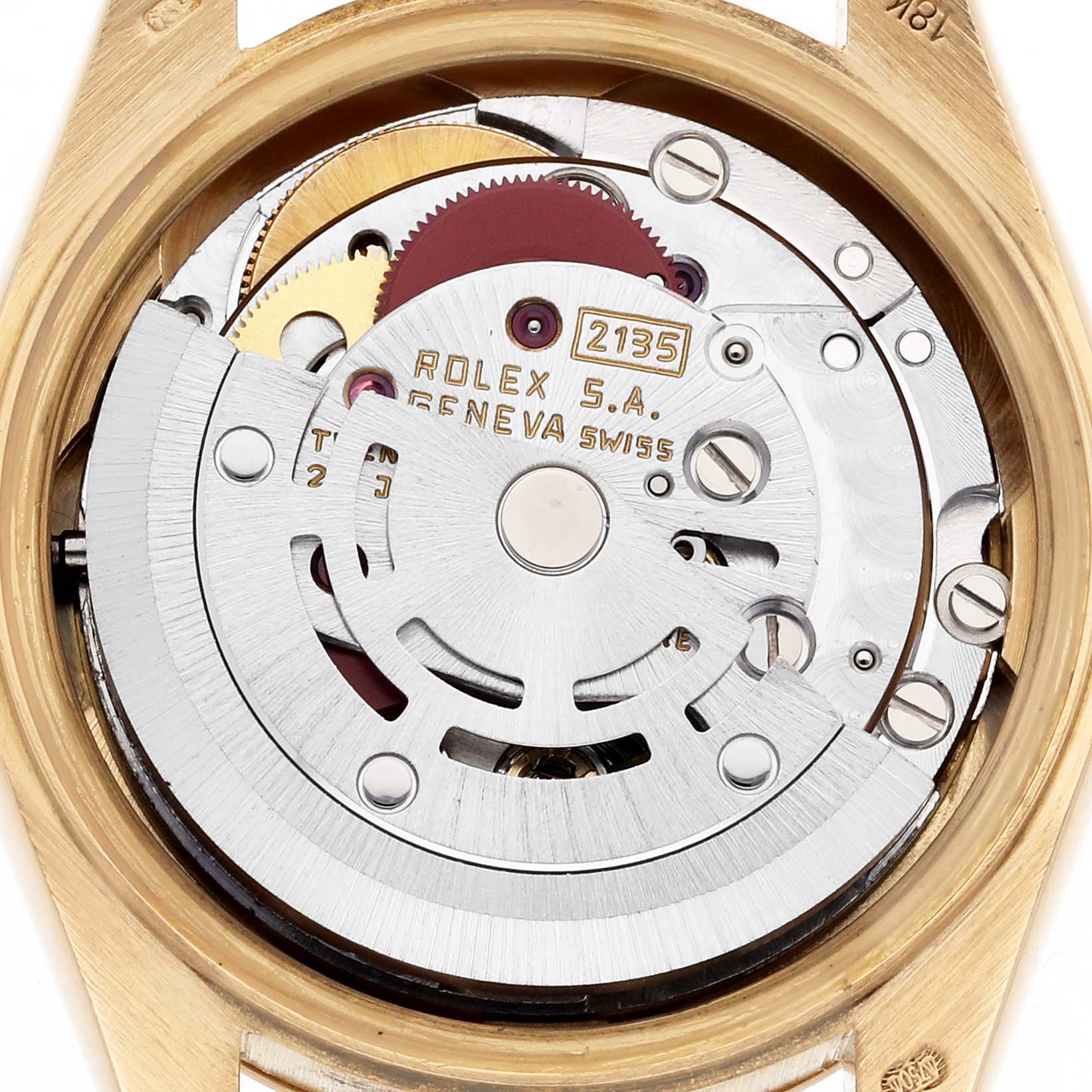 The image shows the internal movement of a Rolex President 69178 Women's Yellow Gold Champagne Dial 69178 Women's Yellow Gold Champagne Dial model watch, viewed from the back.