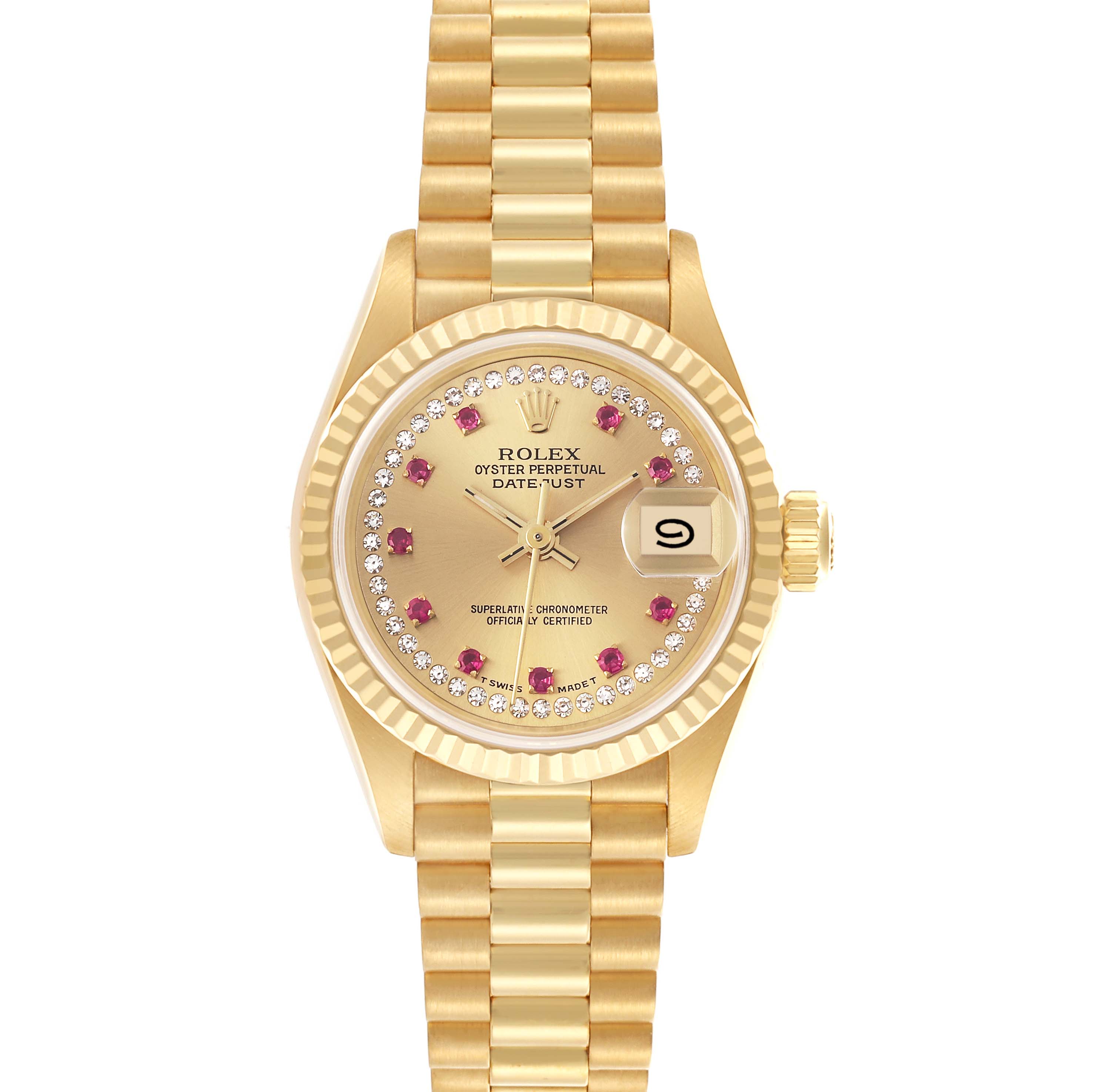 The Rolex President 69178 Women's Yellow Gold Champagne Dial 69178 Women's Yellow Gold Champagne Dial model watch is shown from the front, displaying the bracelet, dial, fluted bezel, and date window.
