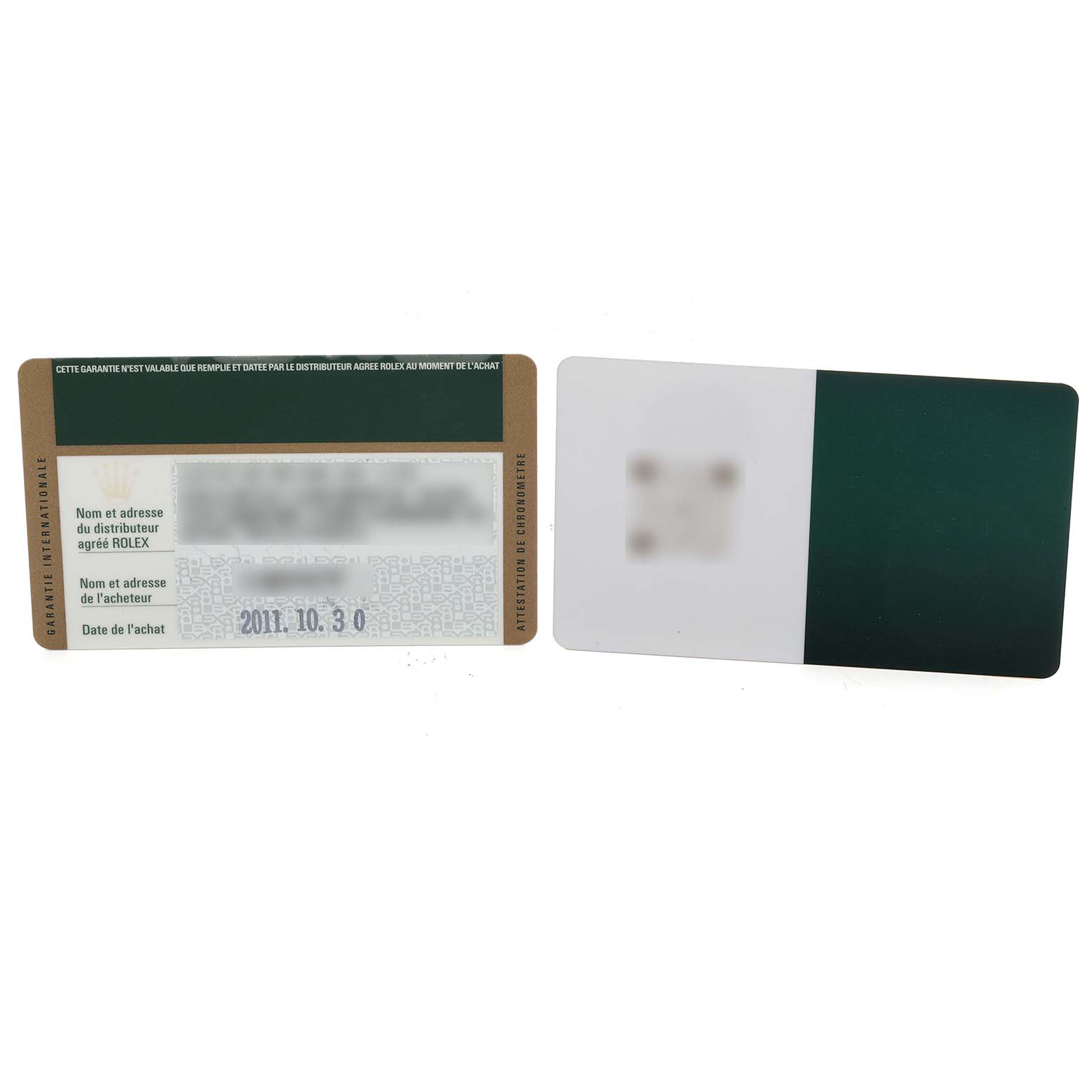 The image shows warranty cards for the Rolex President 118238 Men
s Yellow Gold Green Dial 118238 Men
s Yellow Gold Green Dial model, viewed from the front and back.